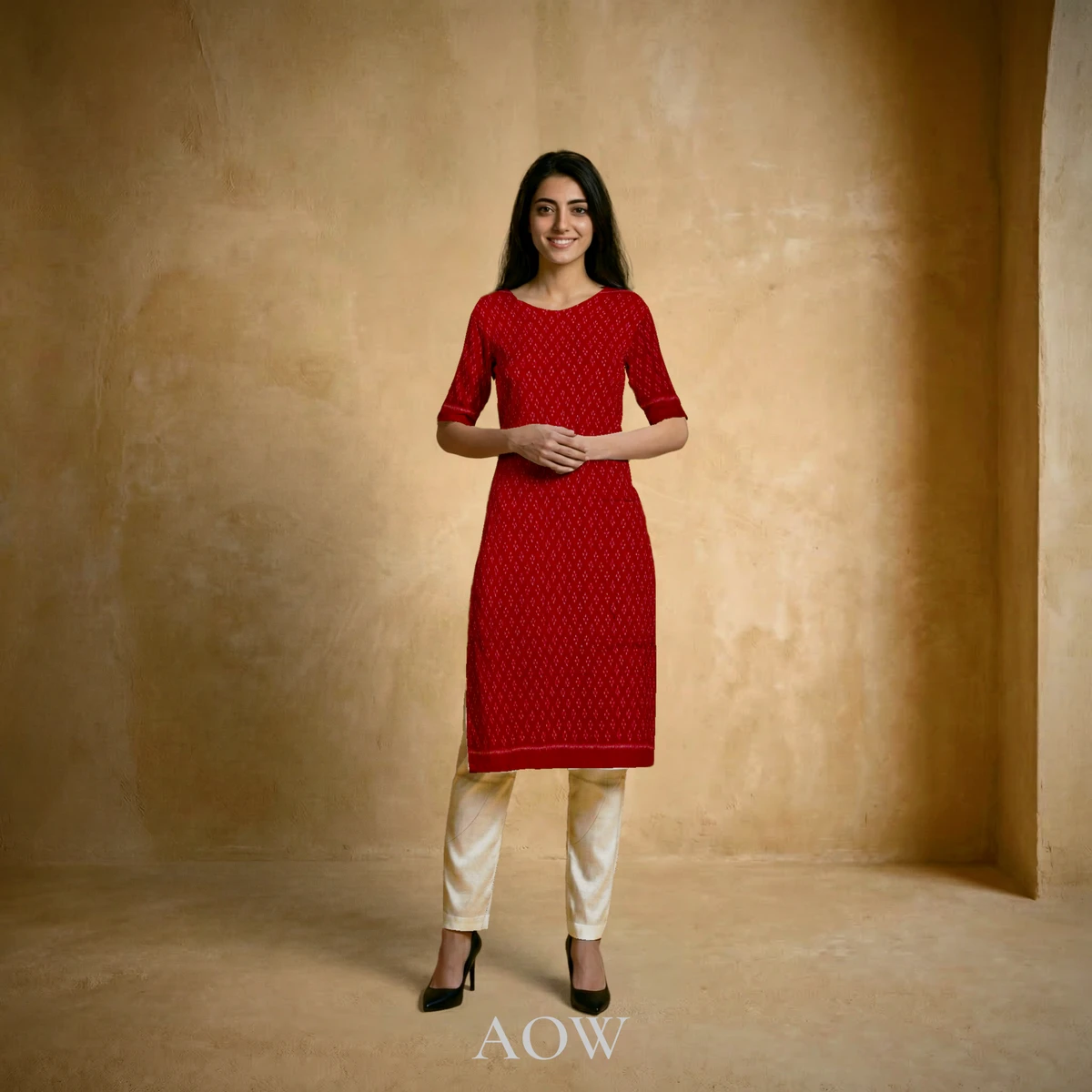 Red Ikat Work Cotton Kurti DM with White Pants DM