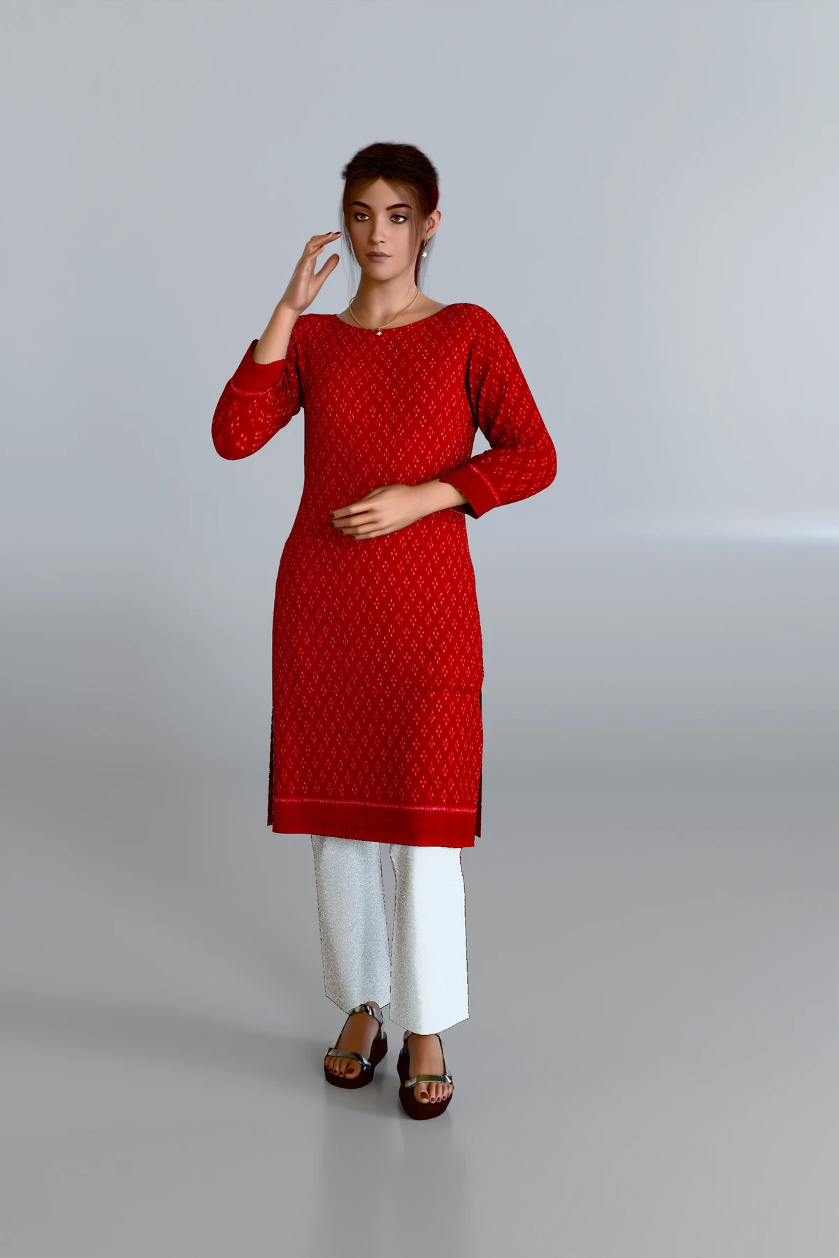 Red Ikat Work Cotton Kurti DM with White Pants DM