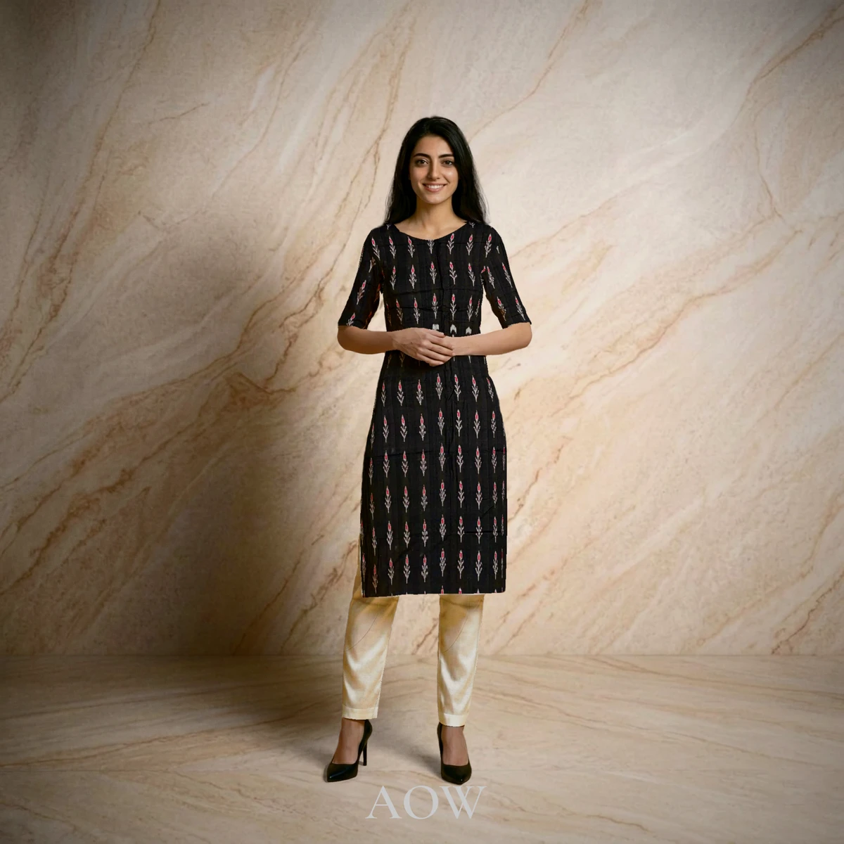 Black Ikat Work Cotton Kurti DM with White Pants DM