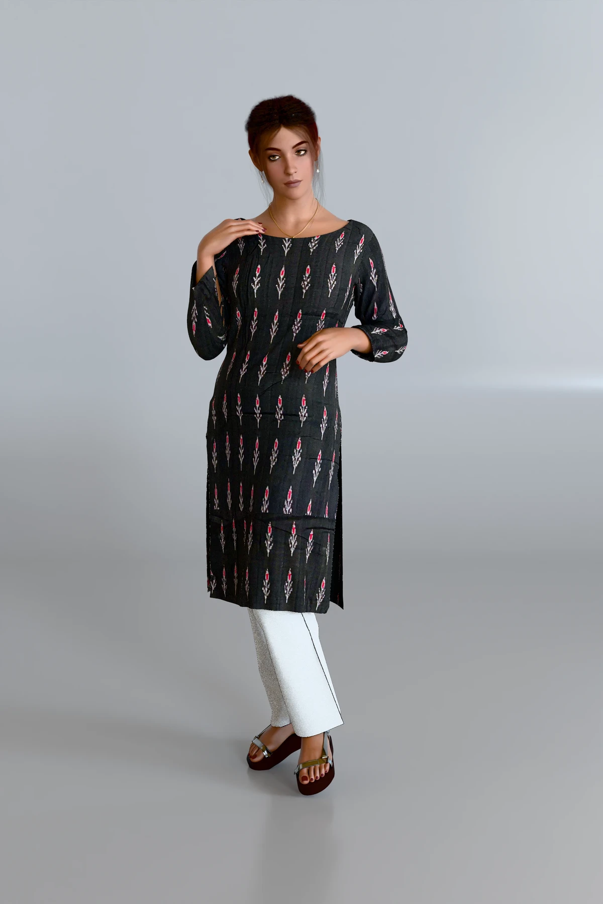 Black Ikat Work Cotton Kurti DM with White Pants DM