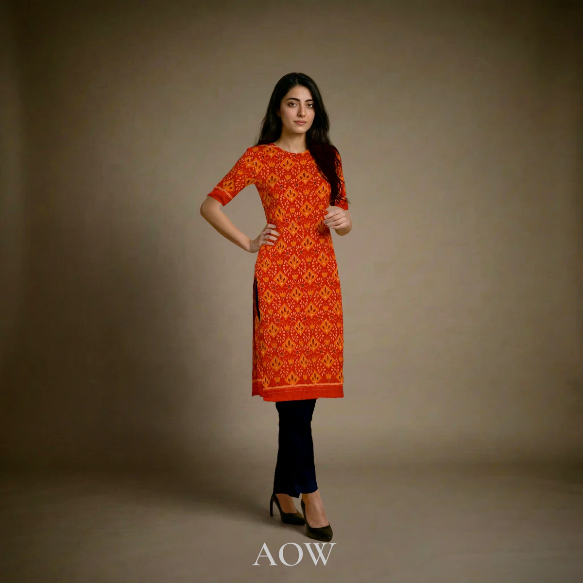 Orange Ikat Work Cotton Kurti DM with Black Pants DM