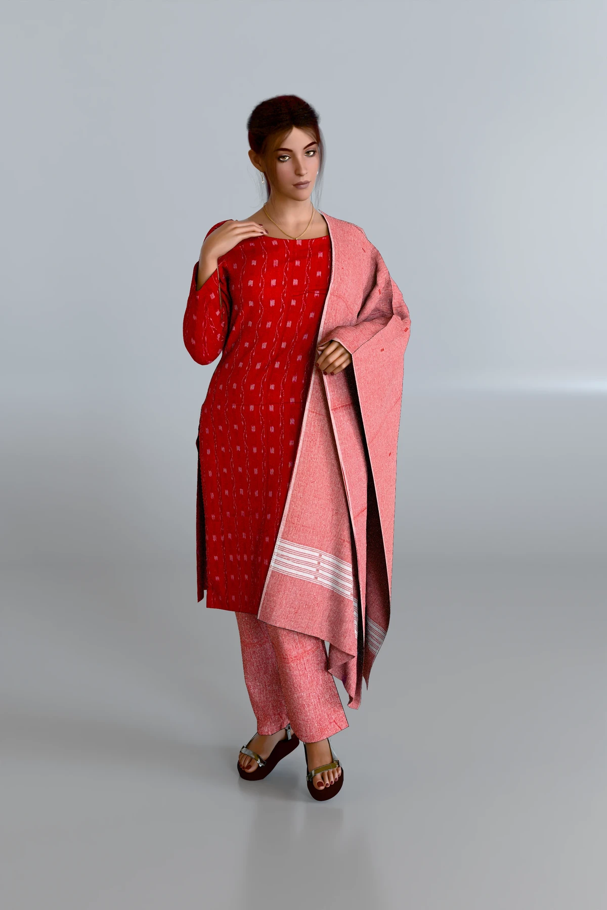 Red Kurti DM with Pink Dupatta and Pink Pants DM