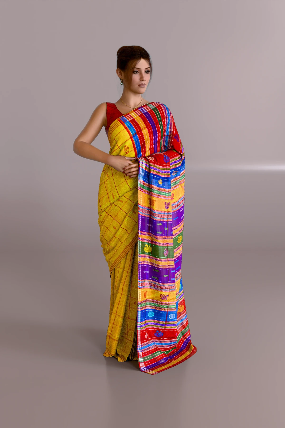 Double Anchal Yellow Berhampuri Pure Pata Saree