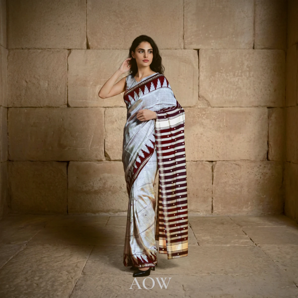 Gray Berhampuri Pure Pata Saree