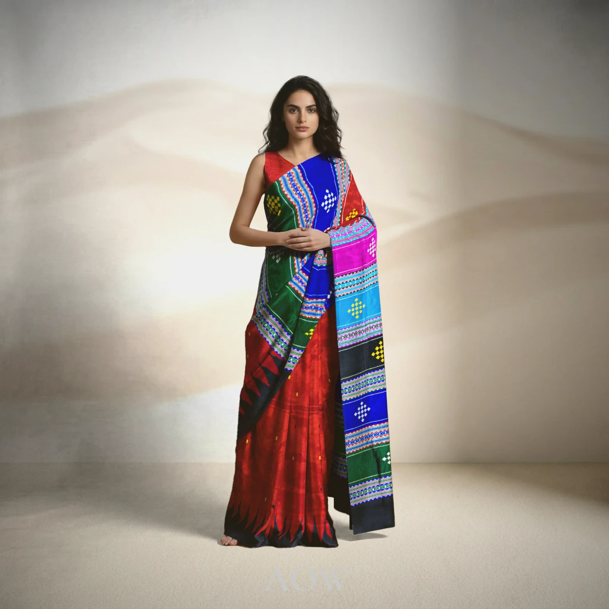 Double Anchal Red Black Berhampuri Pure Pata Saree