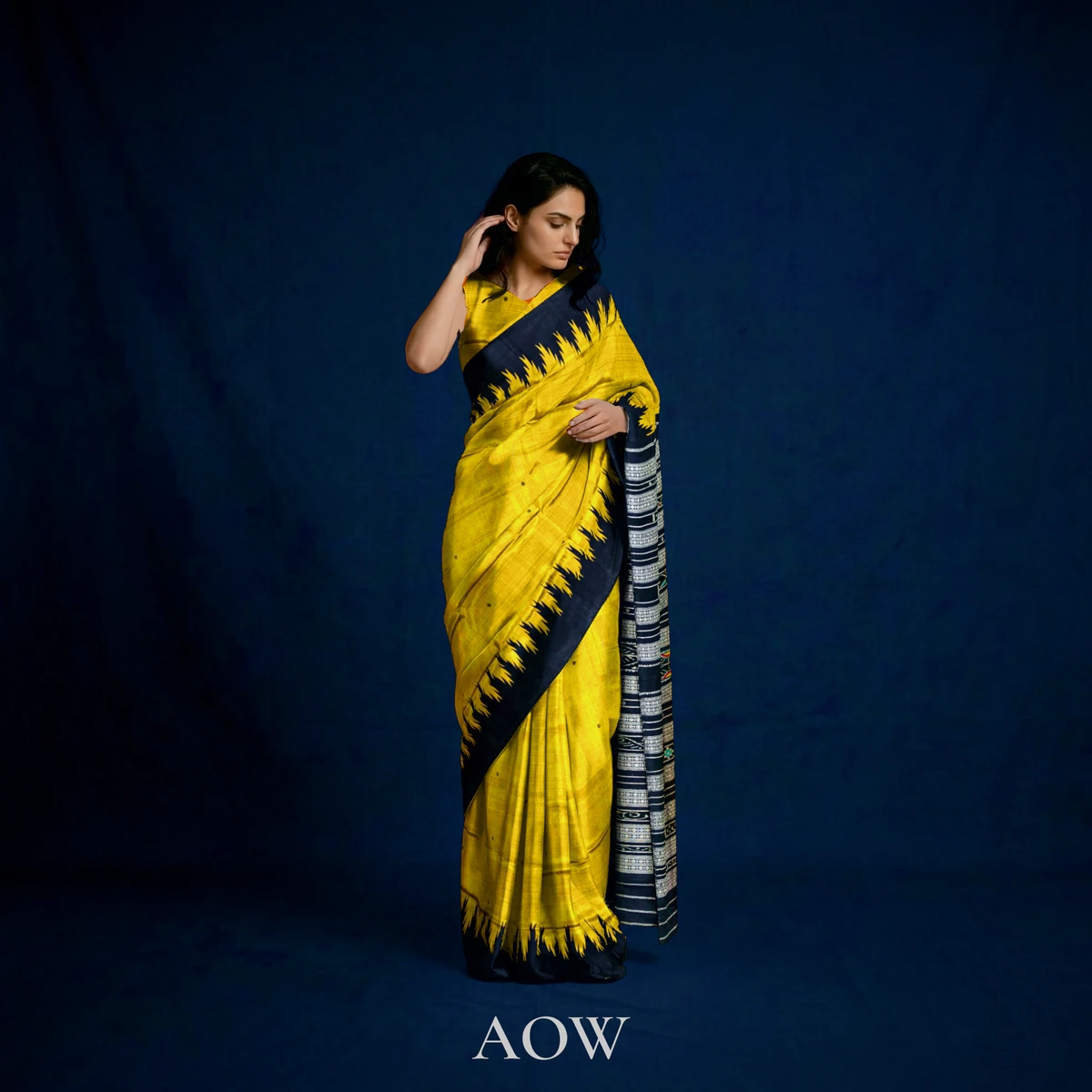 Mustard Berhampuri Pure Pata Saree