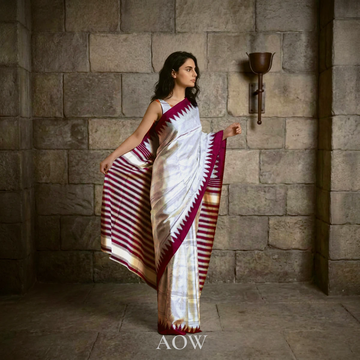 Gray Maroon Berhampuri Pure Pata Saree