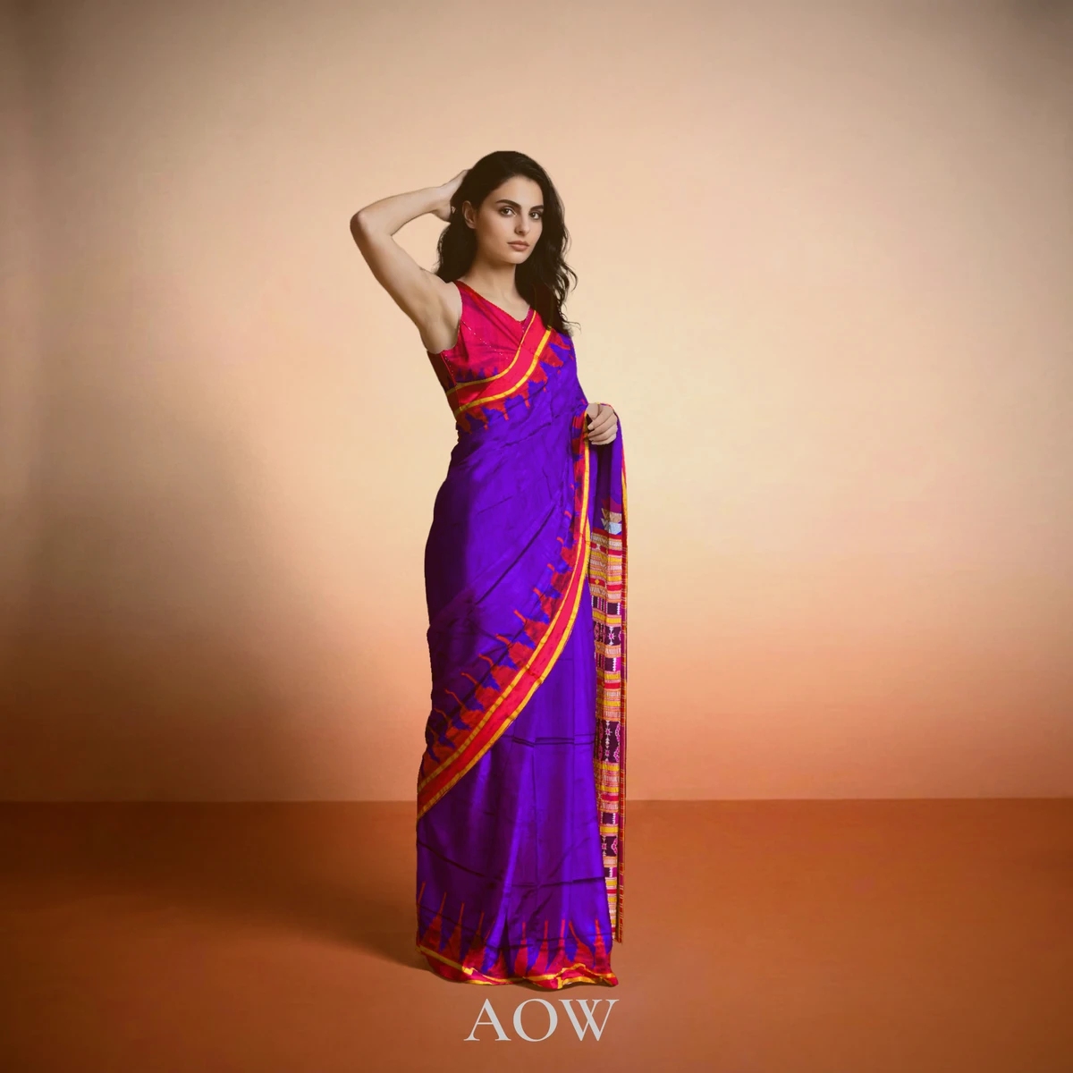 Violet Red Sambalpuri Pure Pata Half Tissue Saree