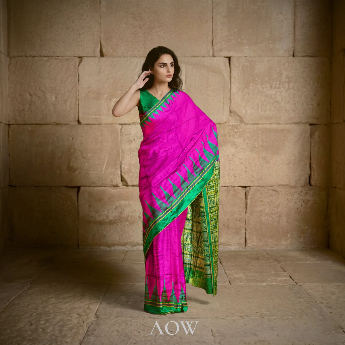 Pink Green Sambalpuri Pure Pata Half Tissue Saree