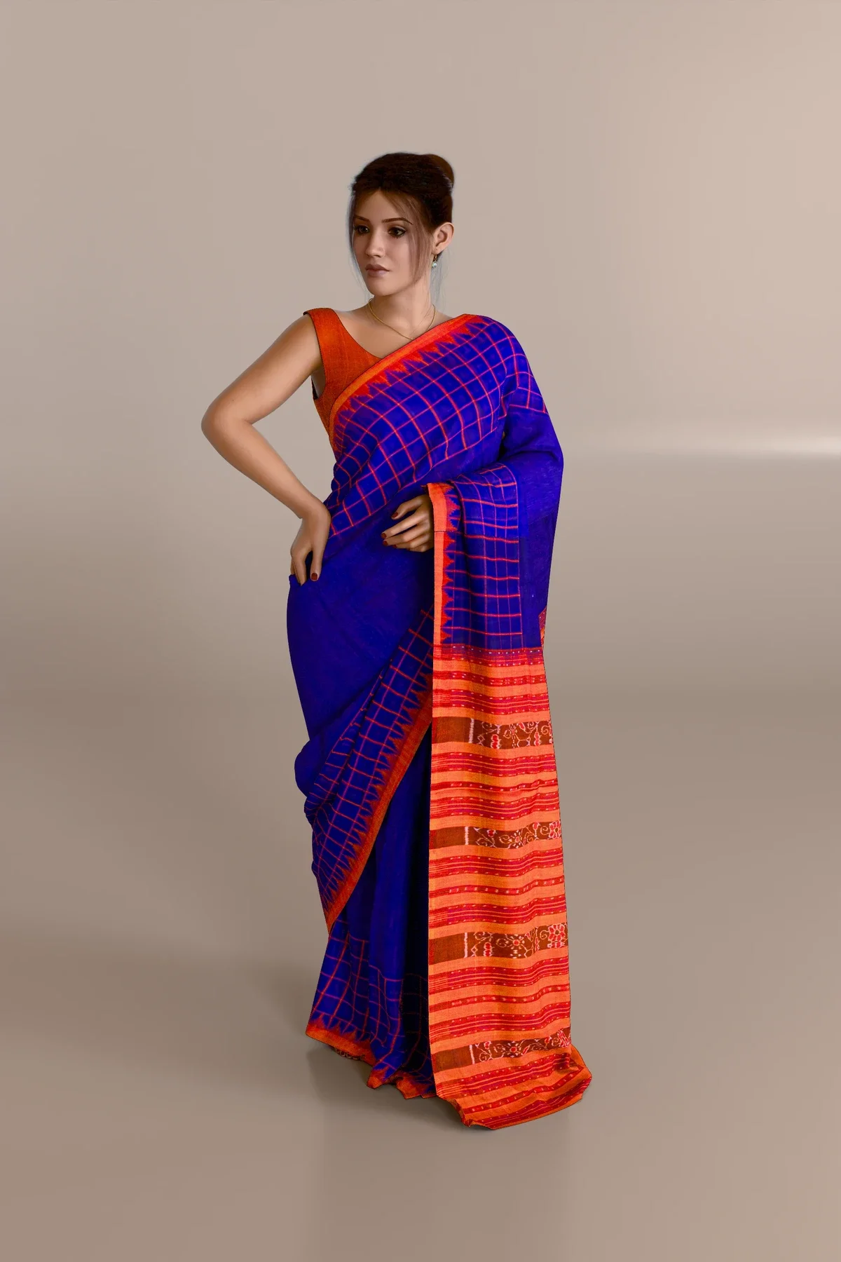 Violet Orange Checkered Sambalpuri Cotton Saree