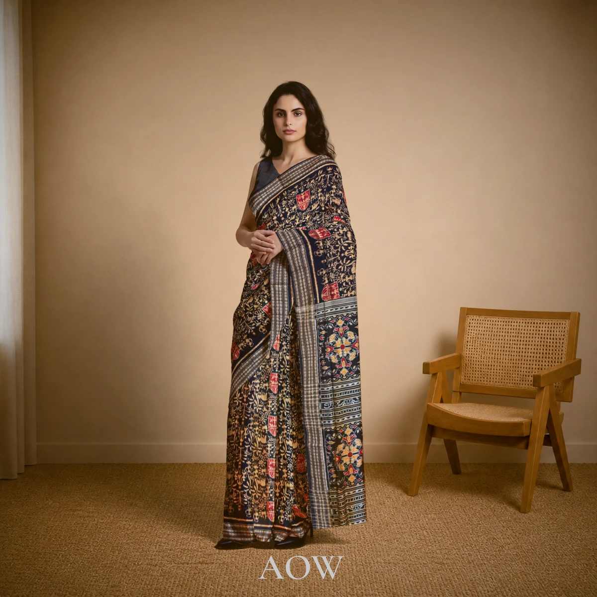 Black Red Pattern Sambalpuri Cotton Saree