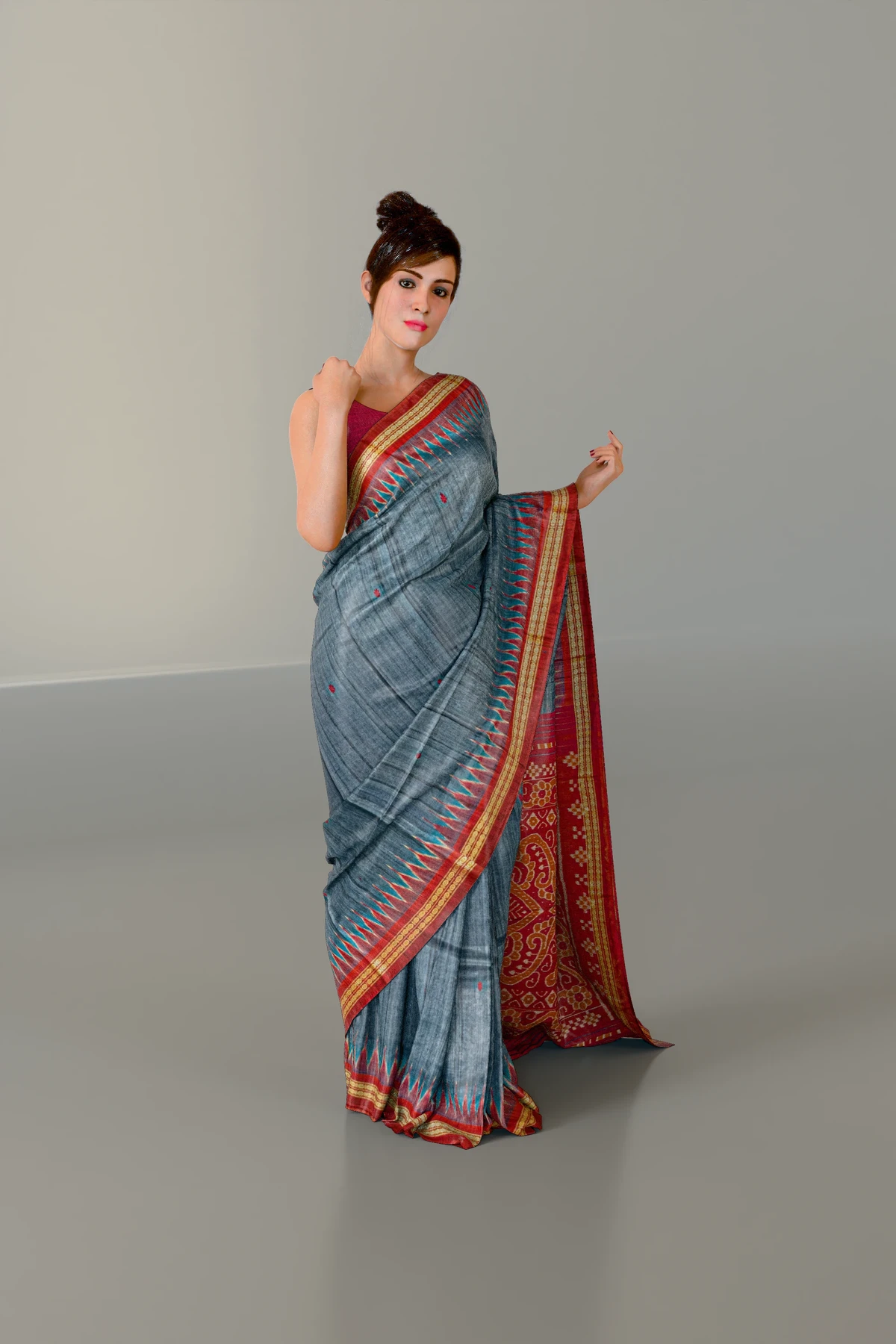 Gray Blue Dobby Box Gopalpur Tussar Silk Saree