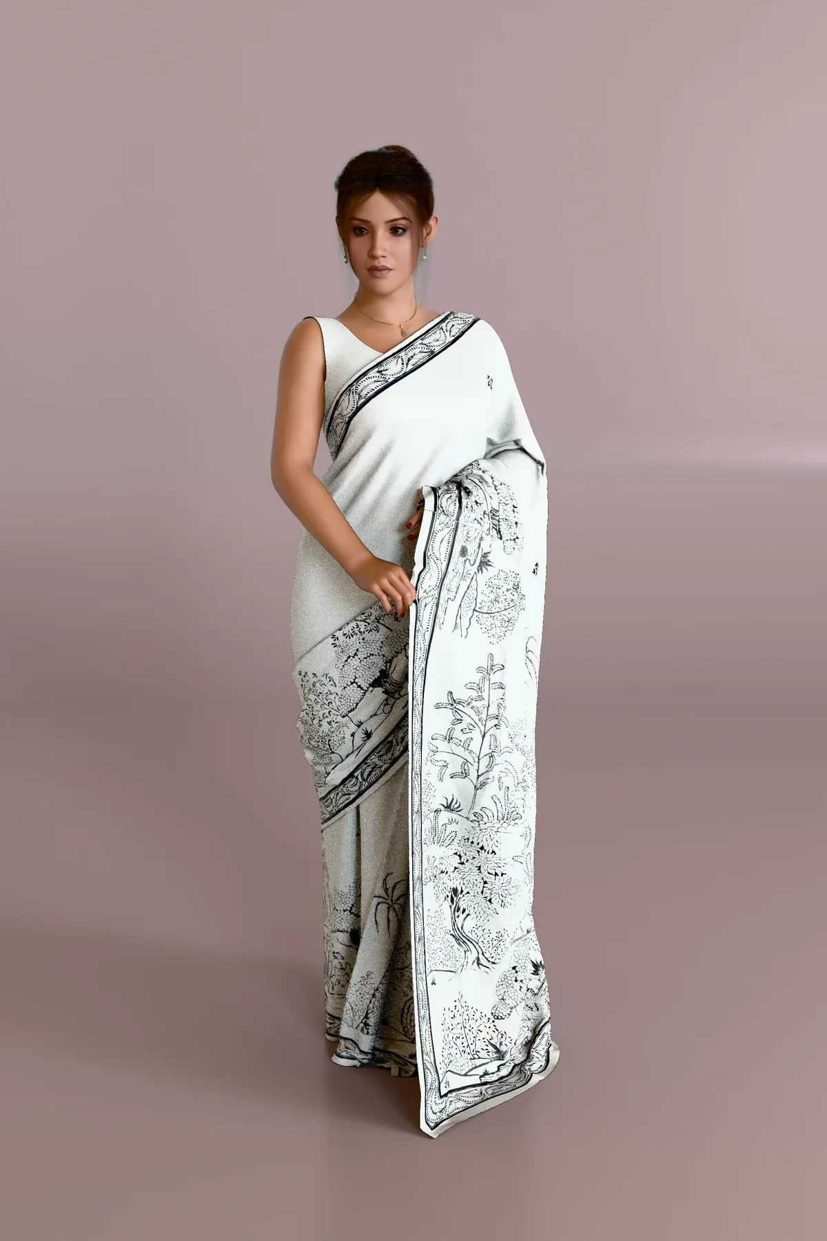 White Nature Pattachitra Tussar Silk Saree