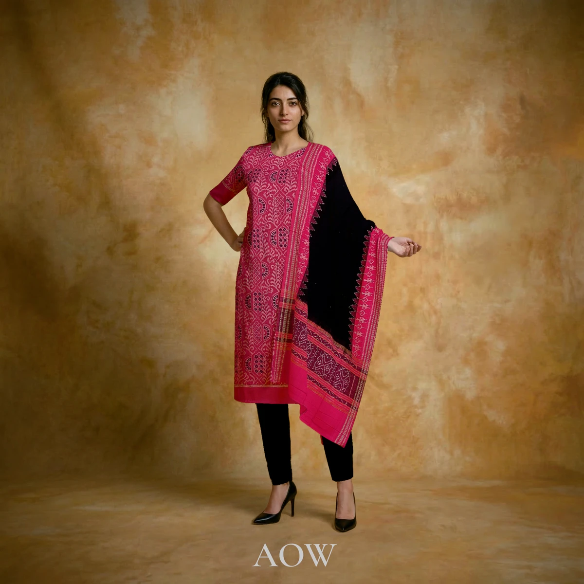 Pink Floral Patterned Cotton Kurti DM with Black Dupatta and Black Pants DM