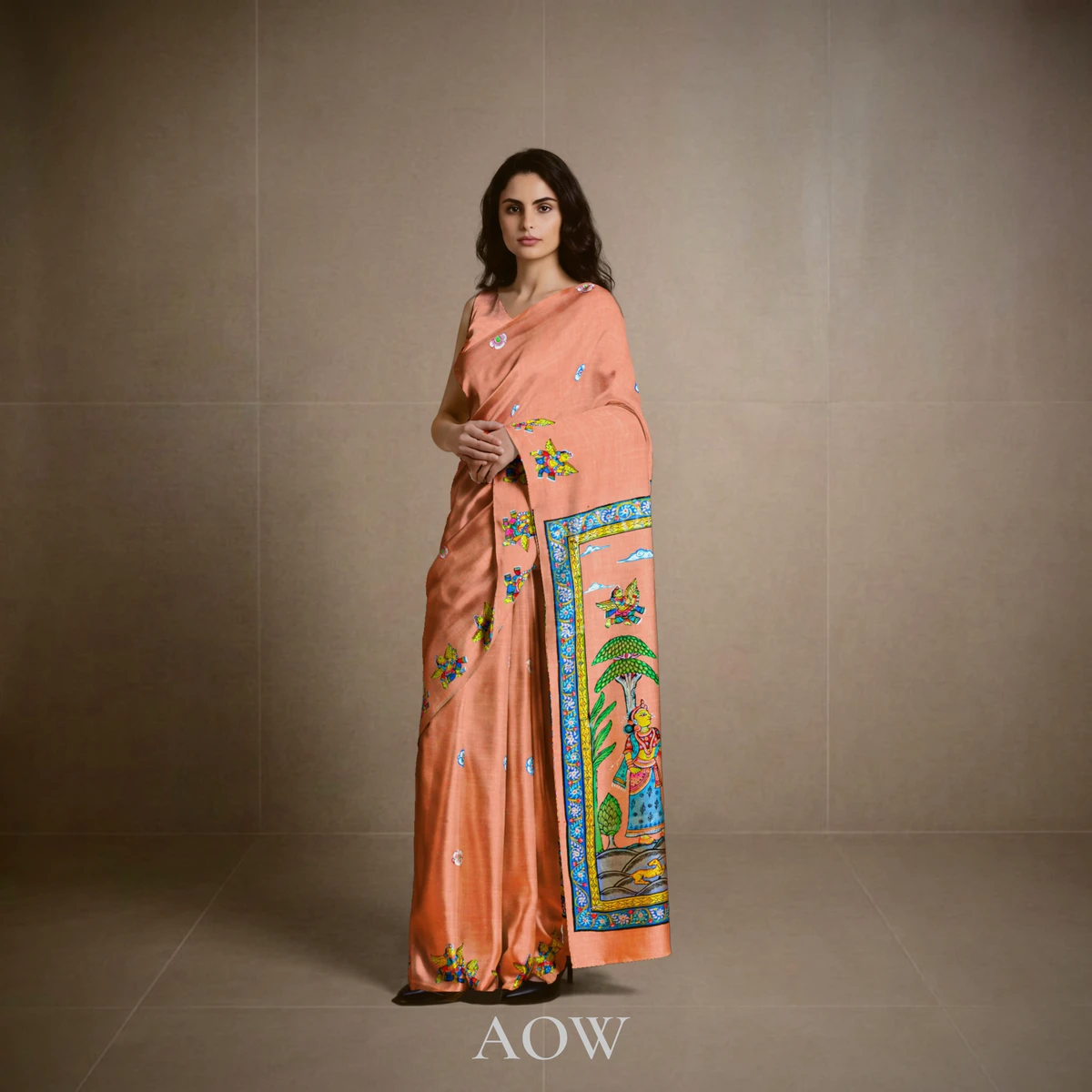 Salmon Color Radha Krishna Pattachitra Tussar Silk Saree