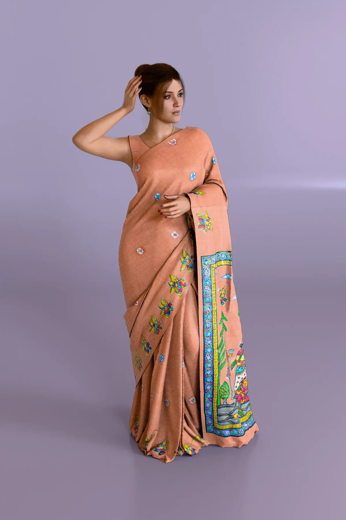 Salmon Color Radha Krishna Pattachitra Tussar Silk Saree