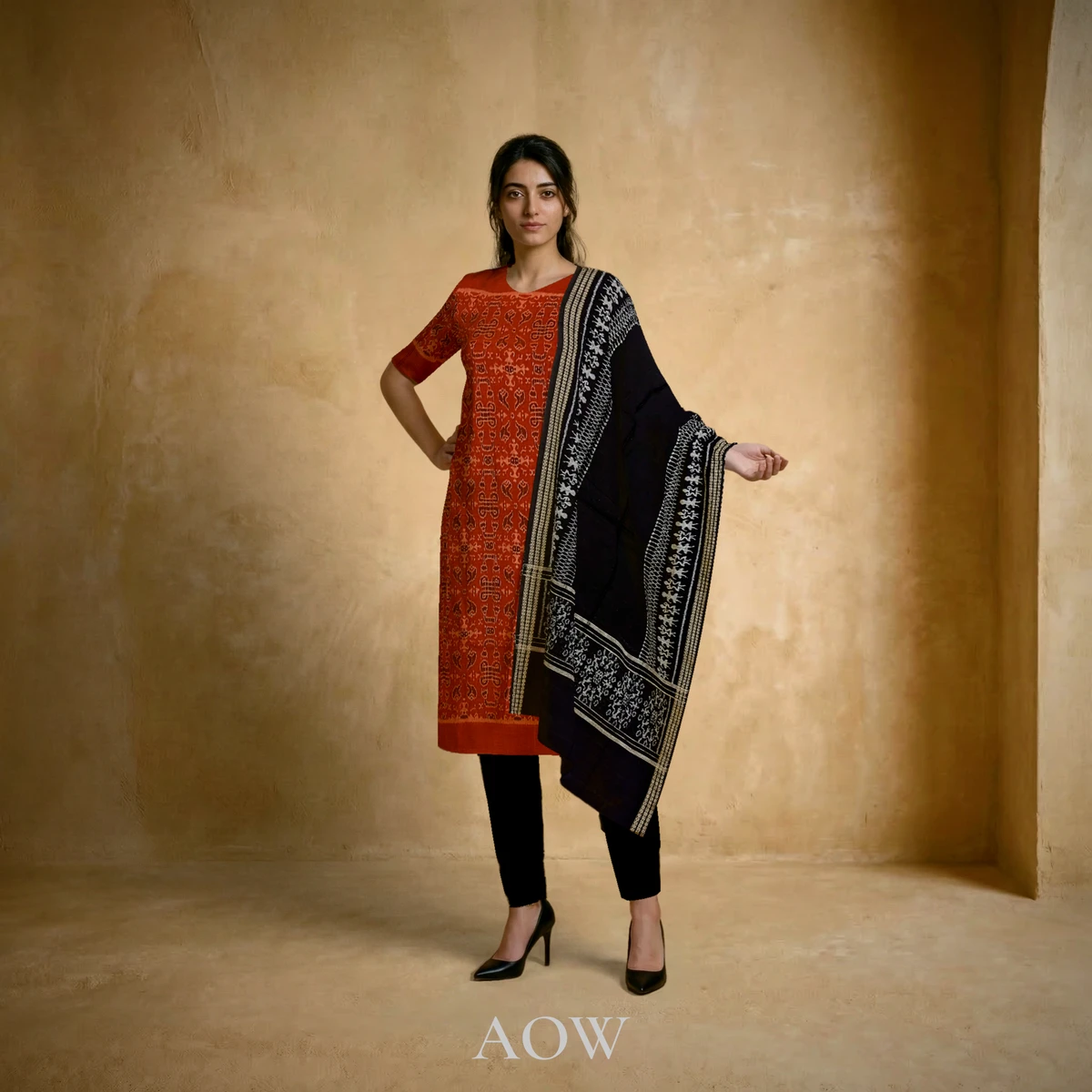 Orange Tribal Patterned Cotton Kurti DM with Black Dupatta and Black Pants DM