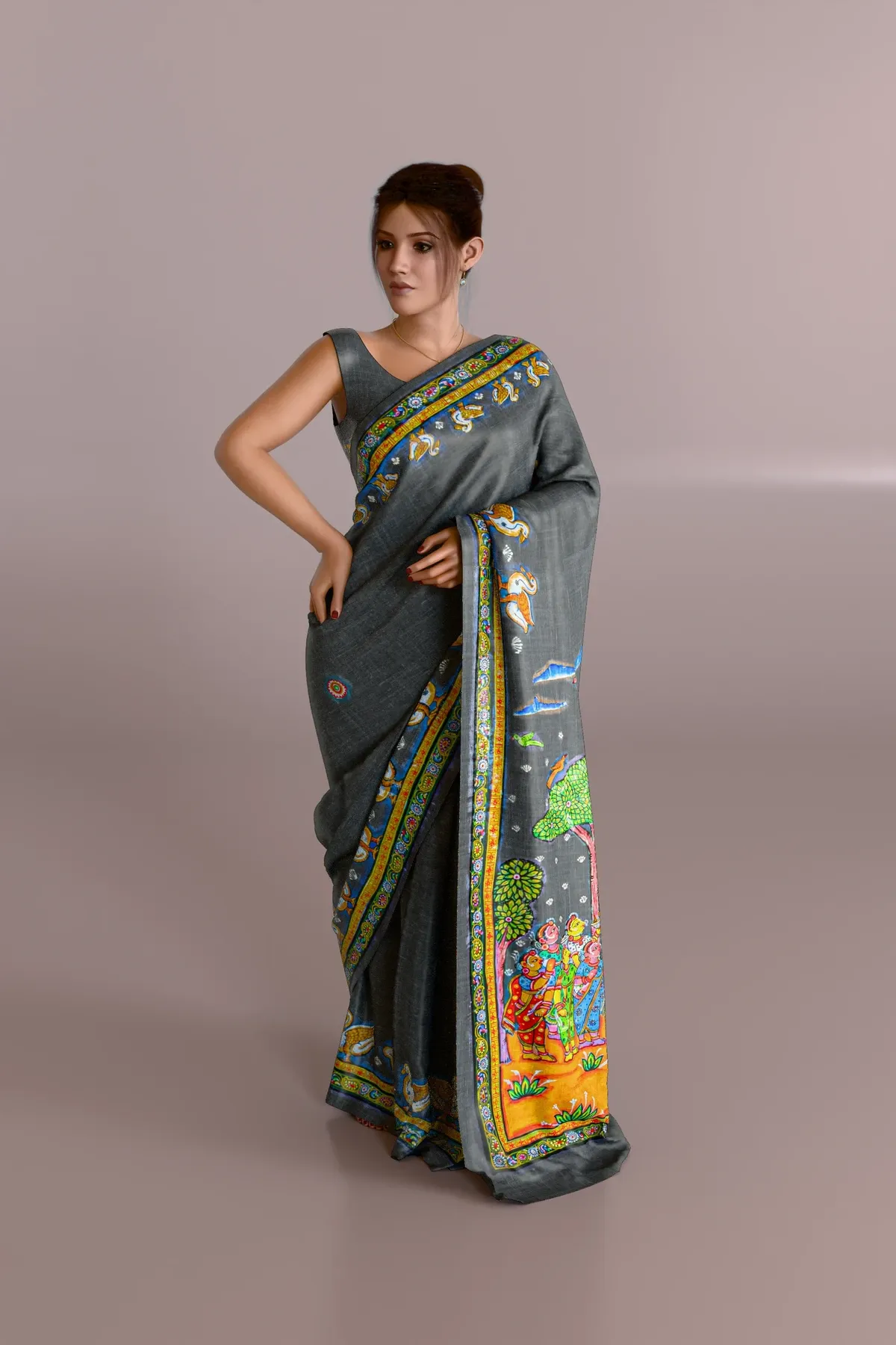 Gray Boita Bandana Pattachitra Tussar Silk Saree