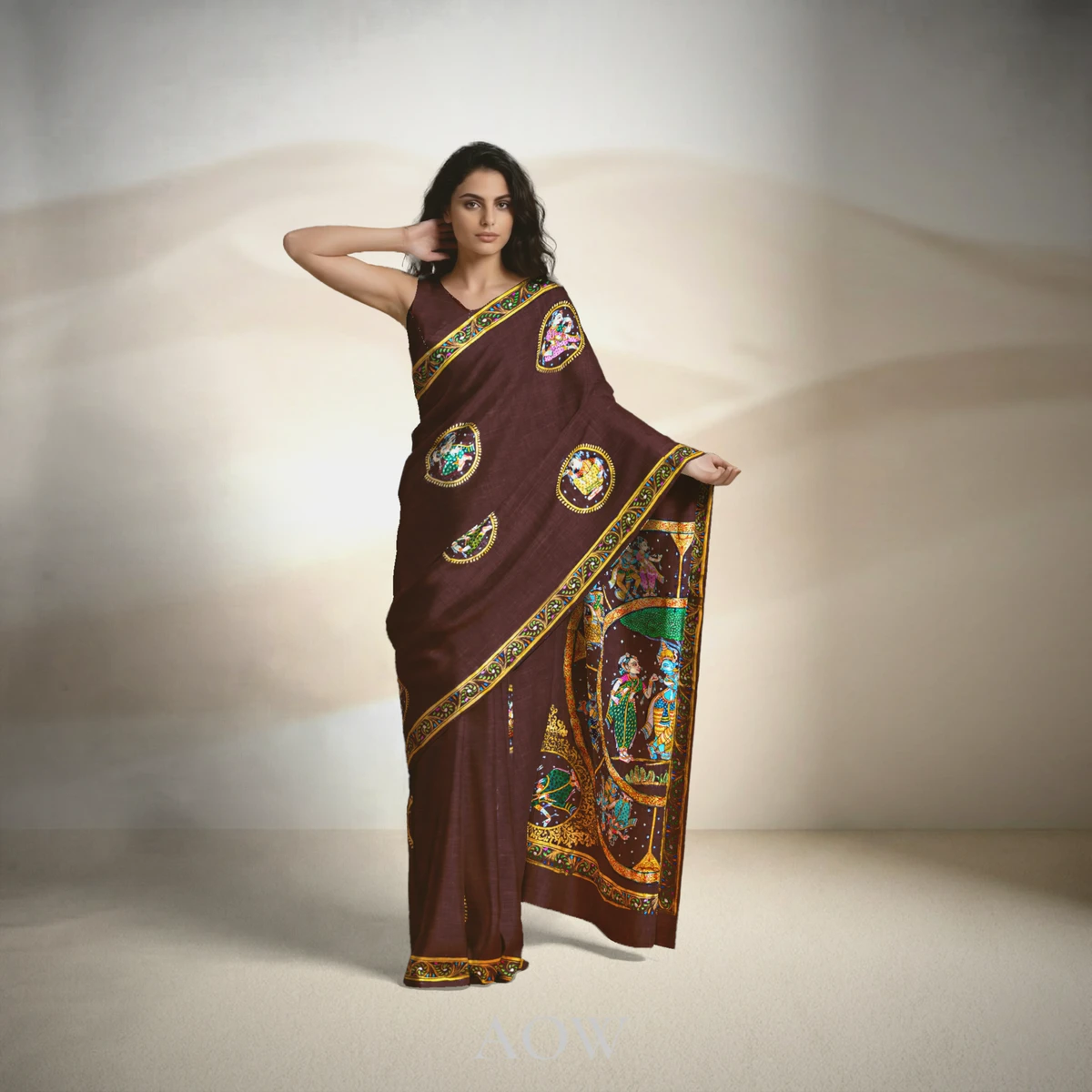 Coffee Color Rasaleela Pattachitra Tussar Silk Saree