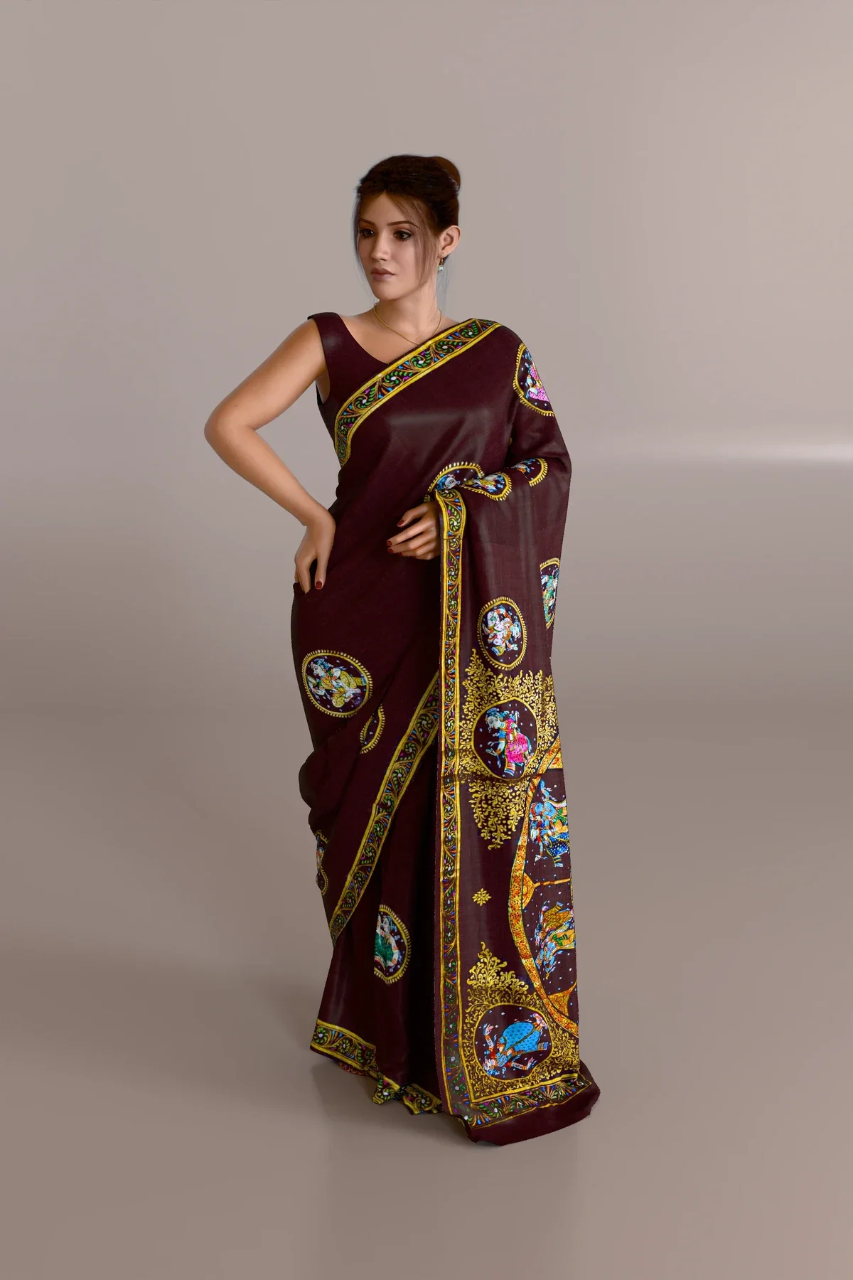 Coffee Color Rasaleela Pattachitra Tussar Silk Saree