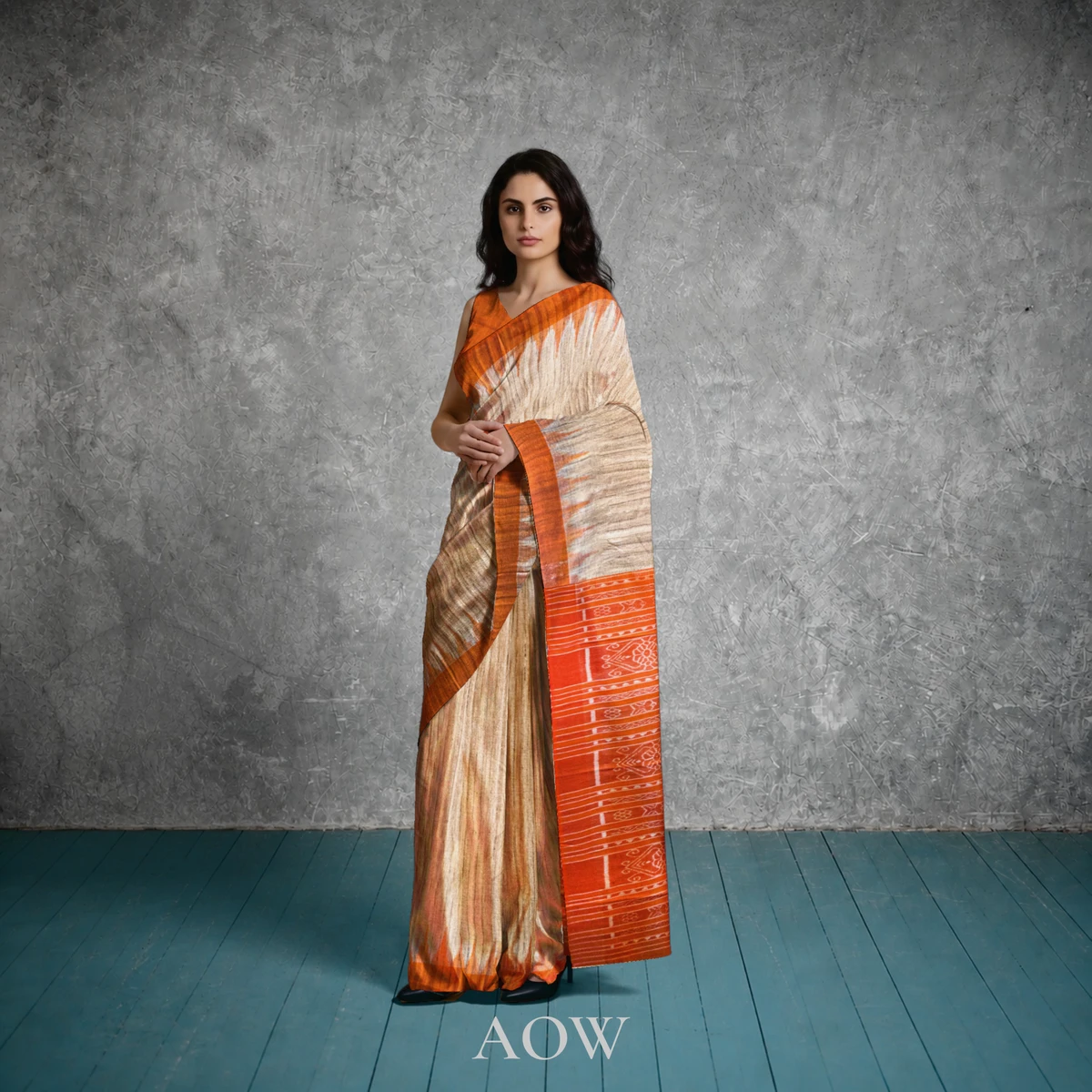 Orange Border Straw Color Gopalpur Tussar Silk Saree