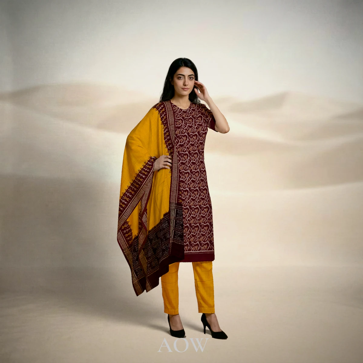 Brown Nature Patterned Cotton Kurti DM with Mustard Dupatta and Mustard Pants DM