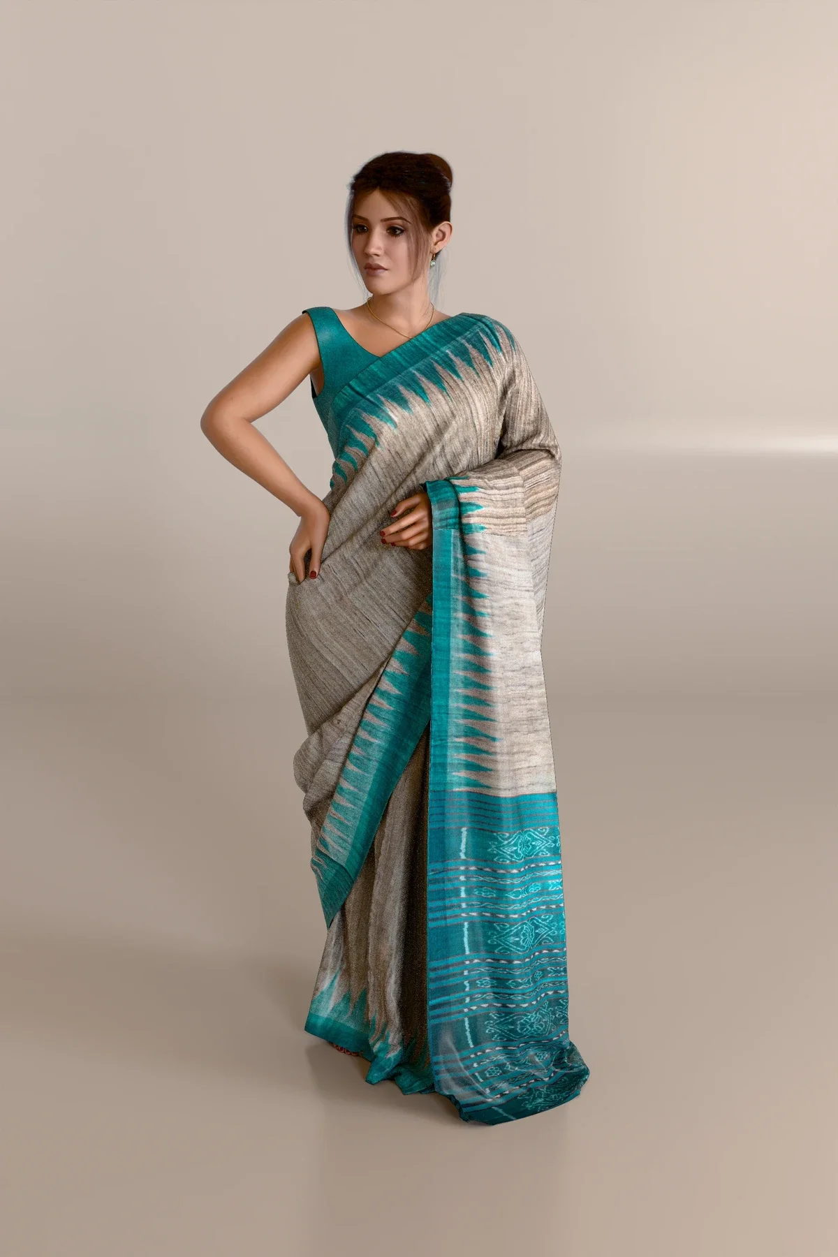 Turquoise Border Straw Color Gopalpur Tussar Silk Saree