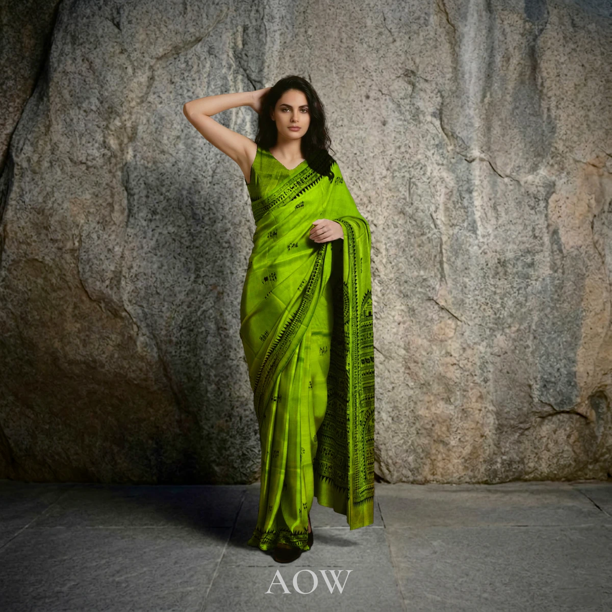 Green Tribal Pattachitra Tussar Silk Saree
