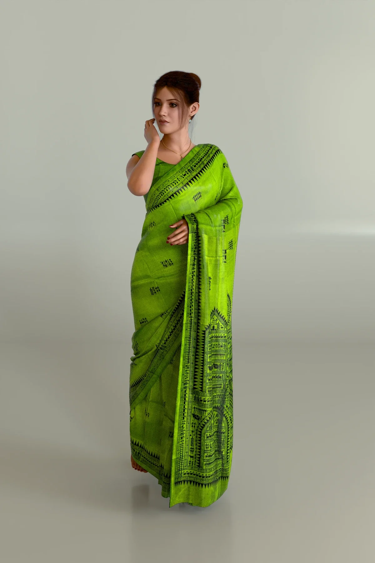 Green Tribal Pattachitra Tussar Silk Saree