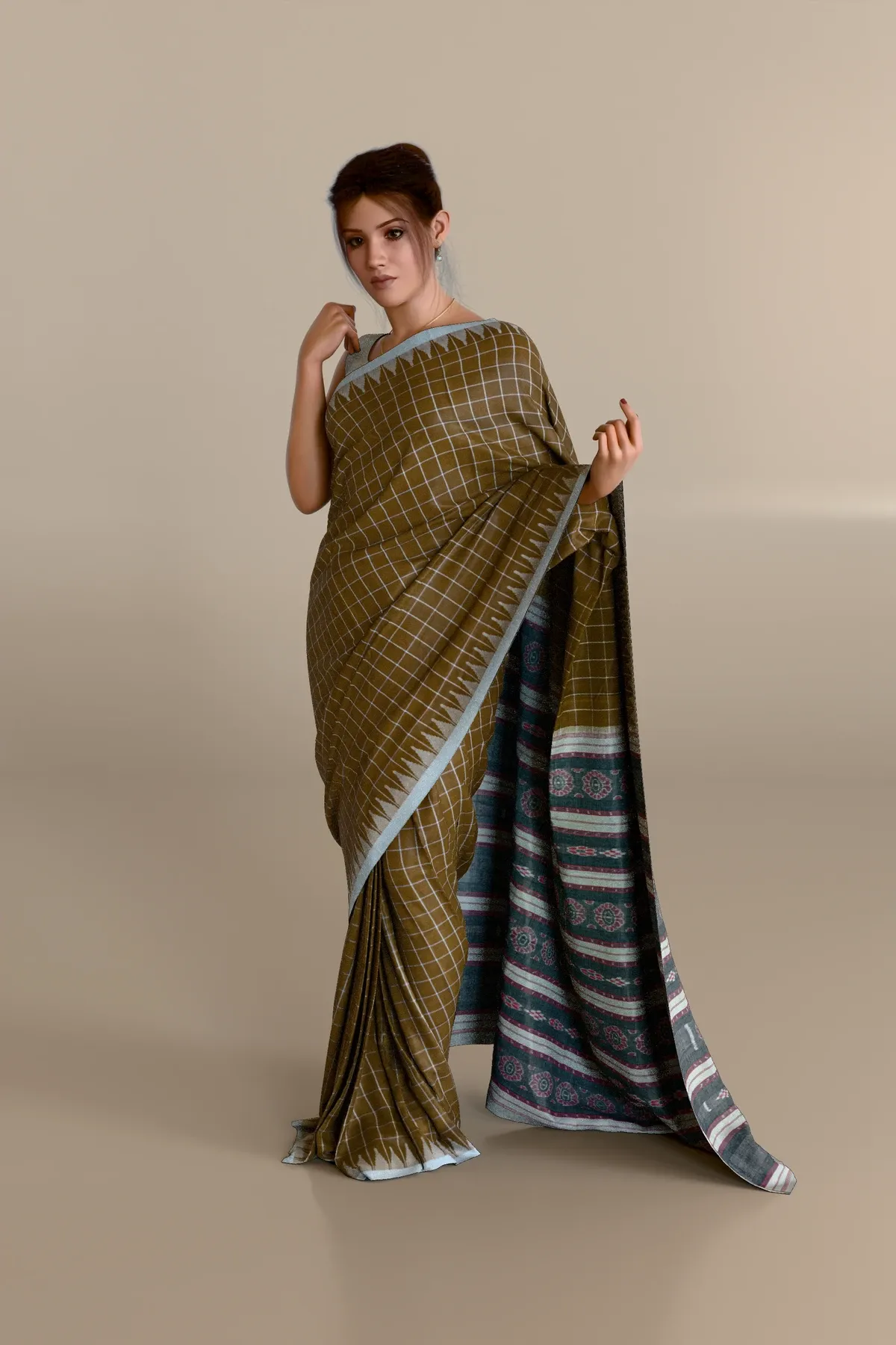 Brown Checkered Sambalpuri Cotton Saree