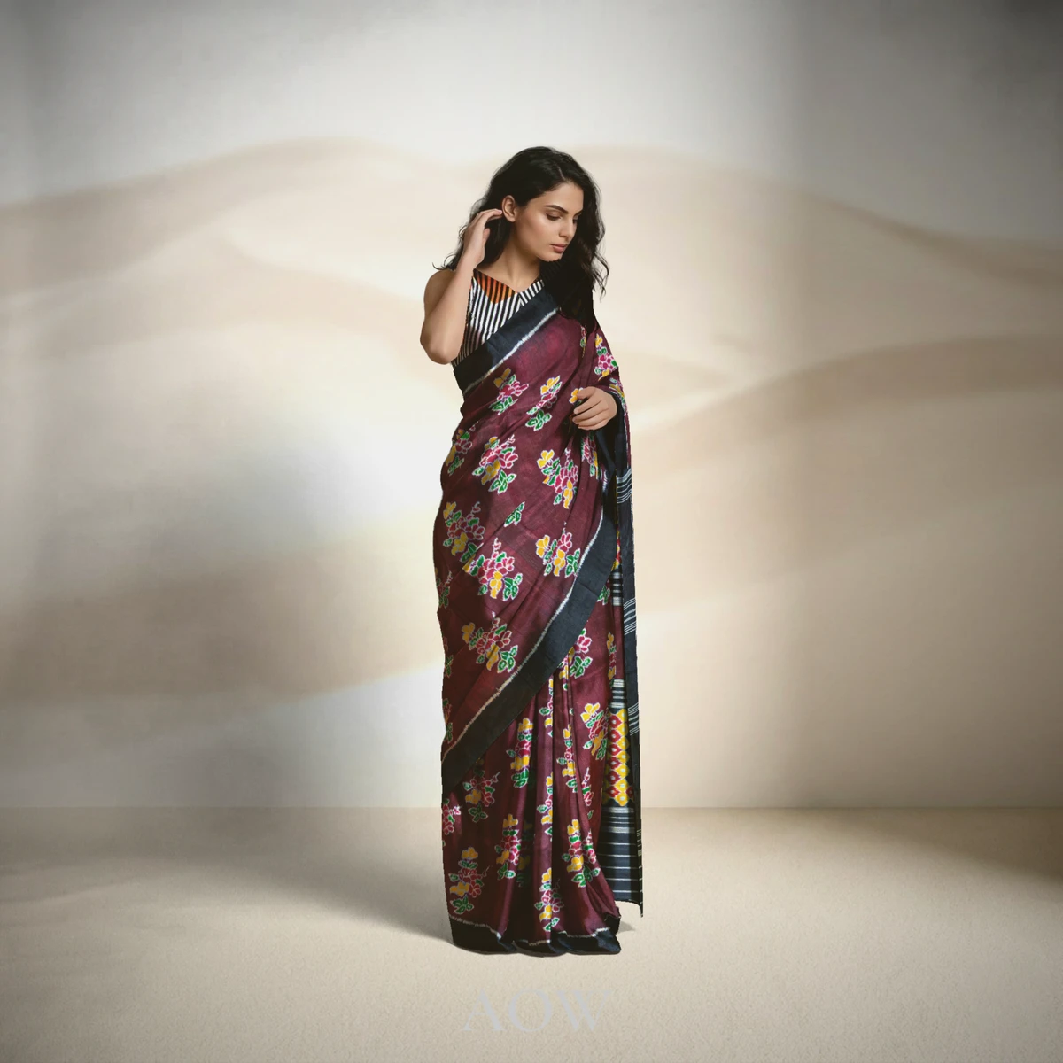 Brown Flower Pattern Khandua Silk Saree
