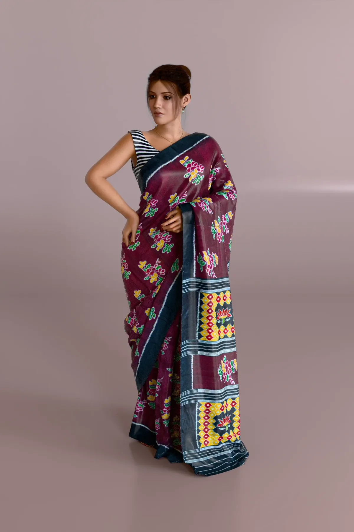 Brown Flower Pattern Khandua Silk Saree