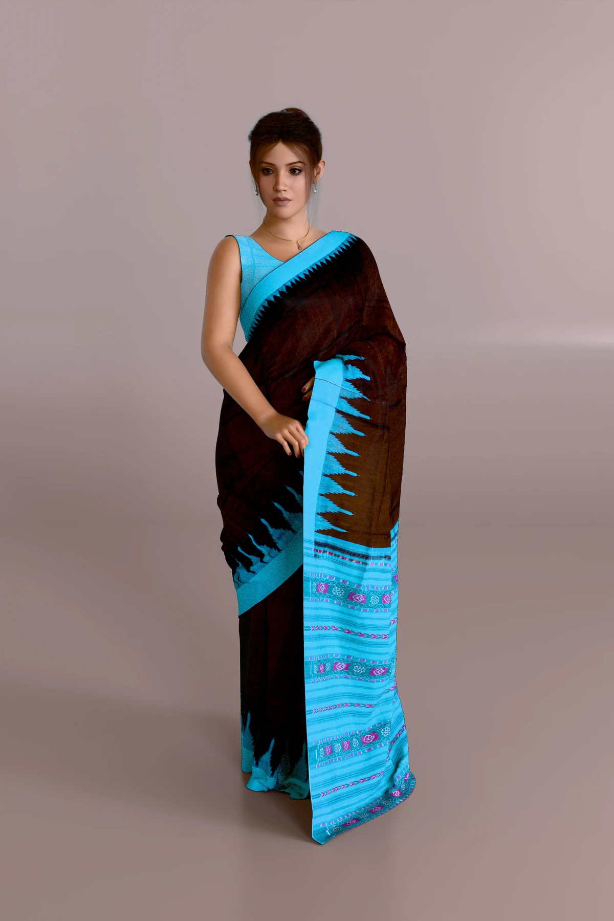 Coffee Blue-Border Sambalpuri Cotton Saree 