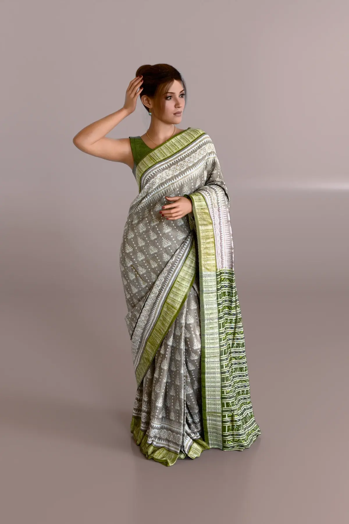 Gray Green-Border Sambalpuri Pure Pata Saree