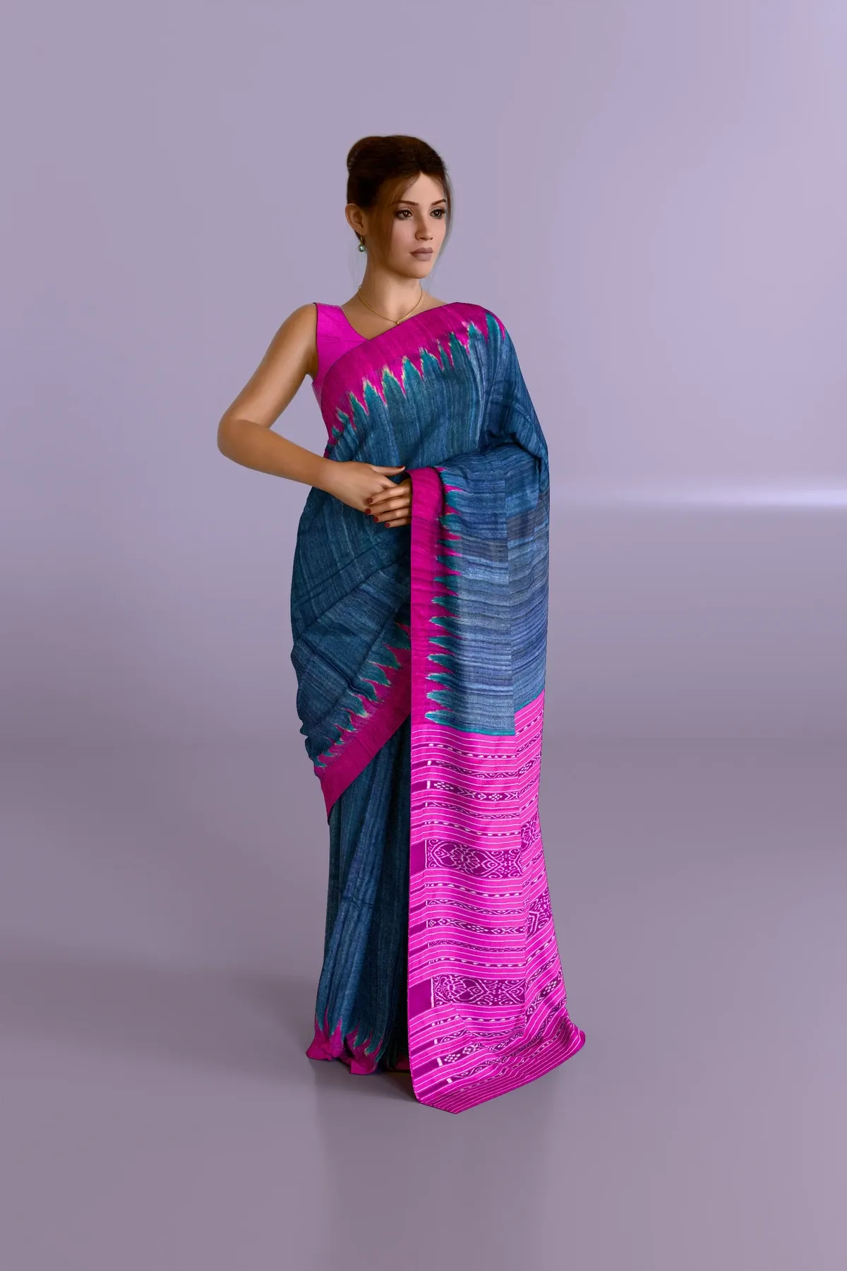 Dark Gray Pink-Border Tussar Silk Saree