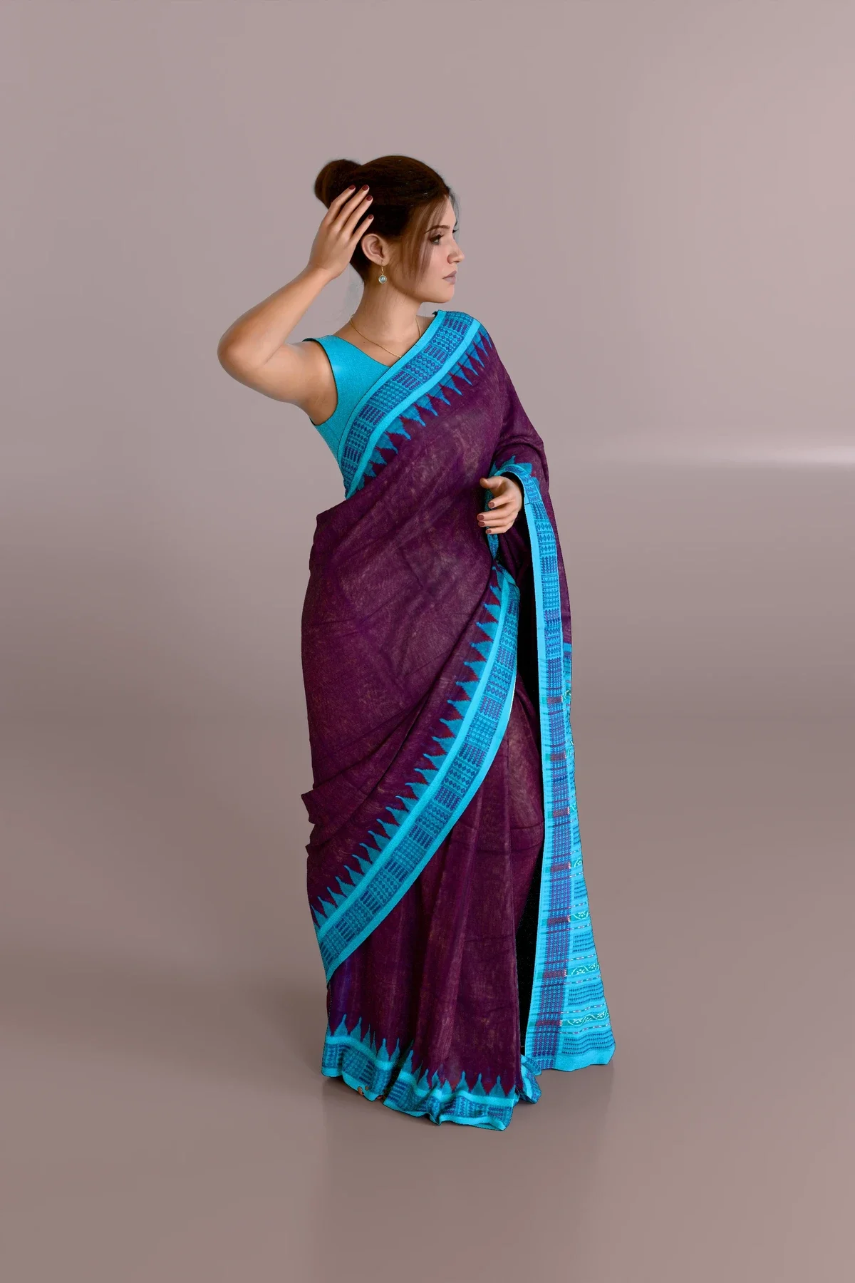Deep Maroon Blue-Border Sambalpuri Cotton Saree
