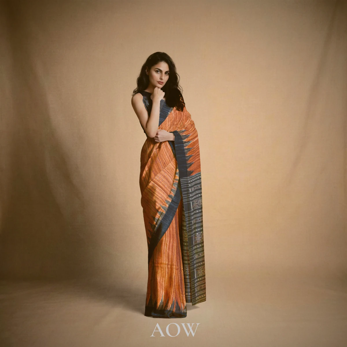 Rust Black-Border Tussar Silk Saree