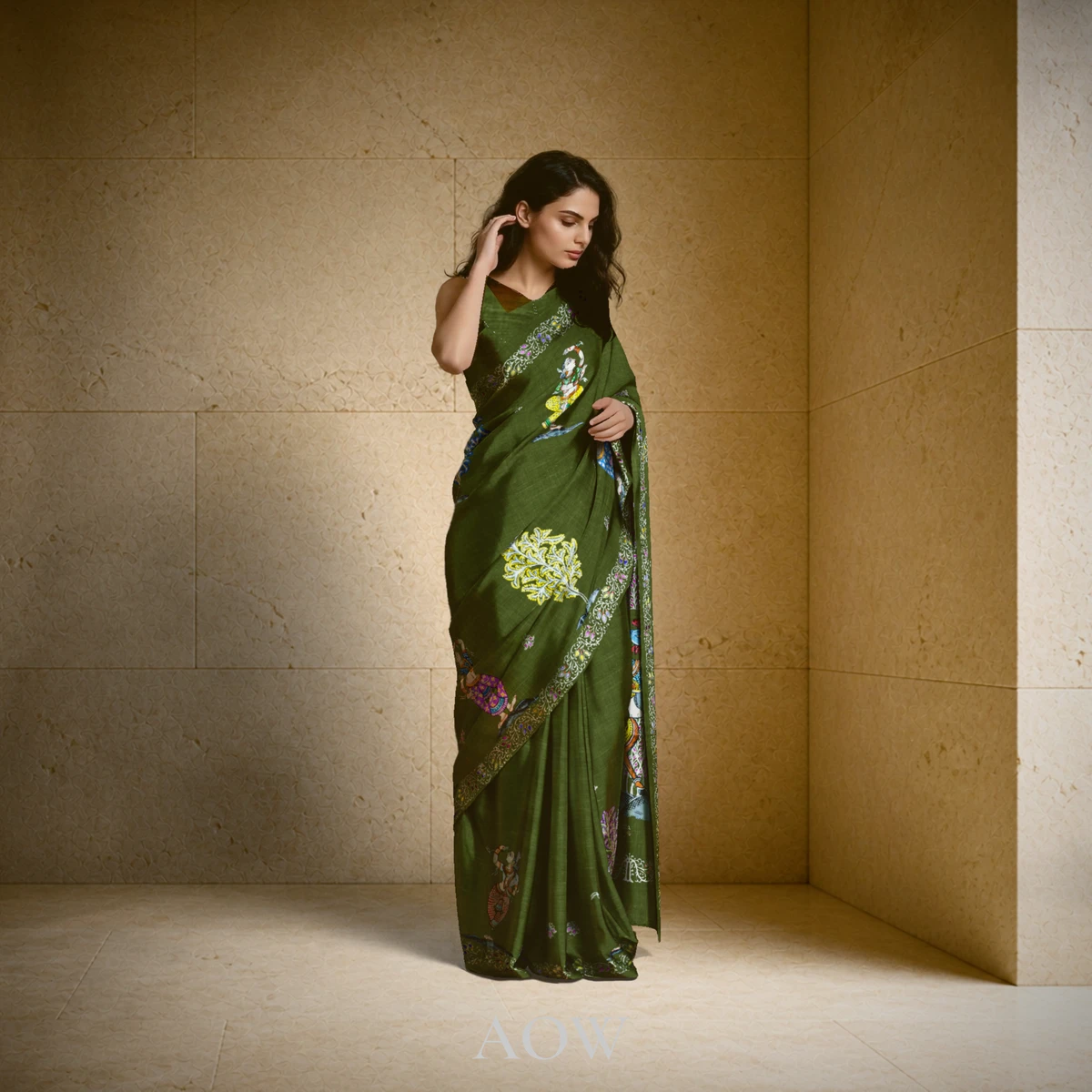 Dark Green Nabagunjara Besha Pattachitra Tussar Silk Saree