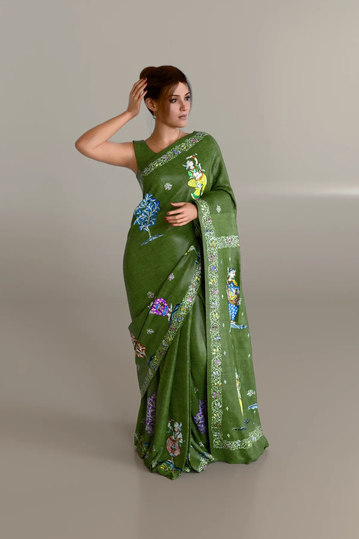 Dark Green Nabagunjara Besha Pattachitra Tussar Silk Saree