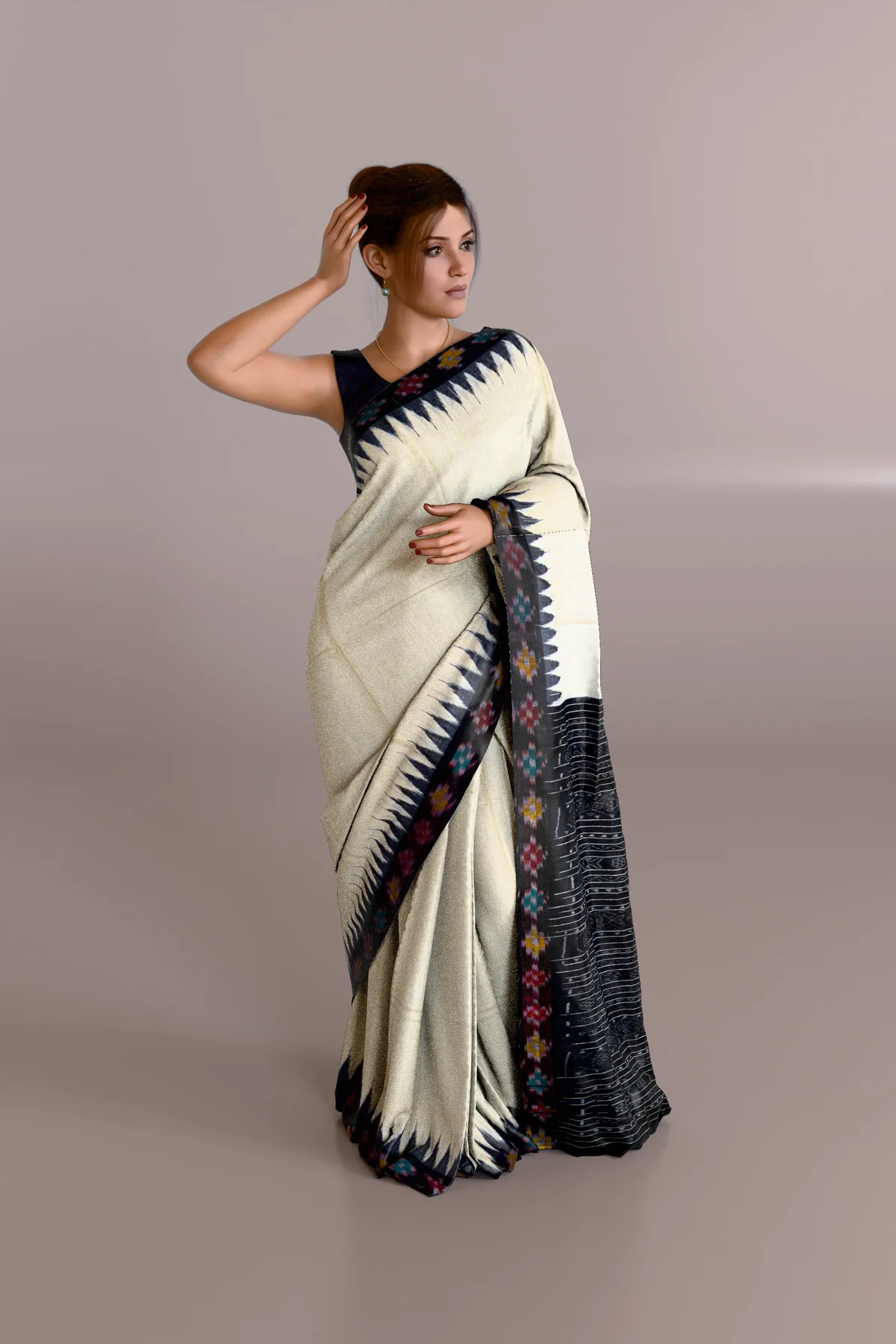 Beige Black Eri Silk Saree