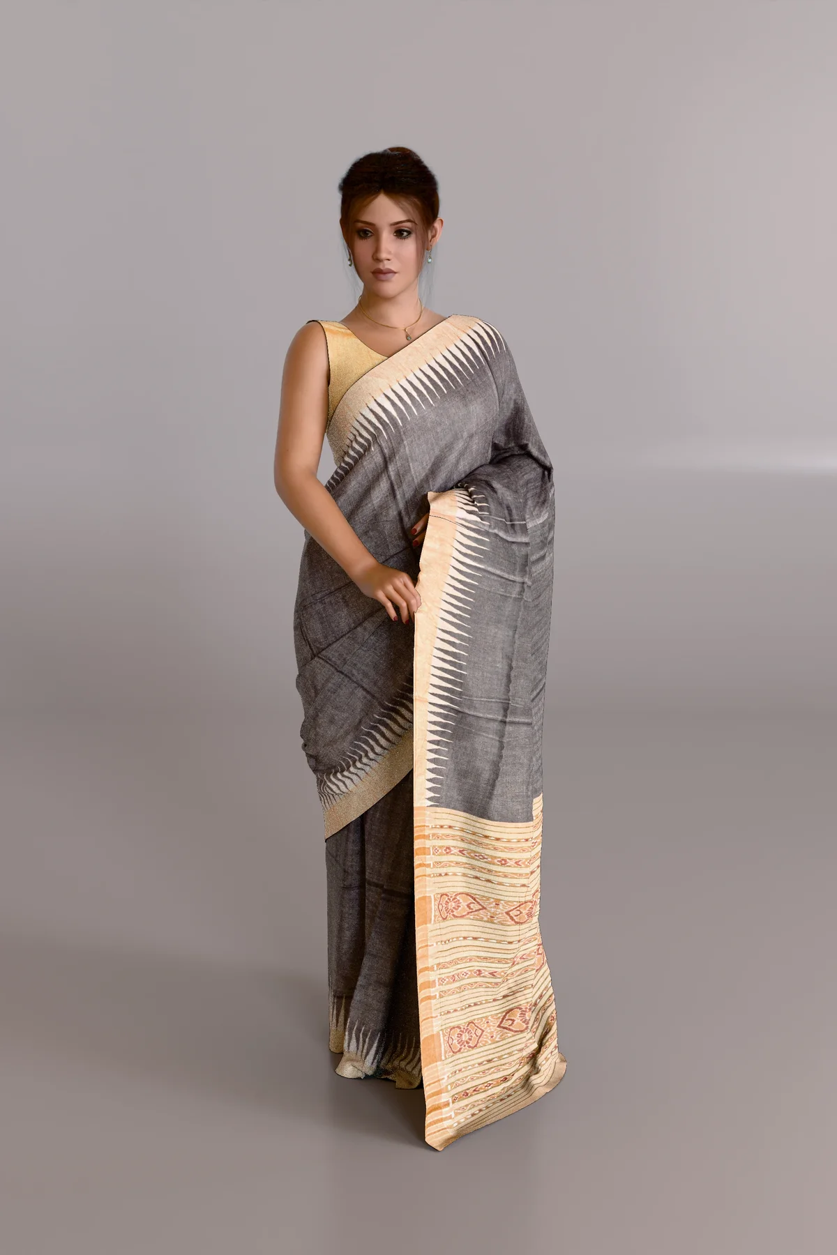 Gray Beige Fine Eri Silk Saree
