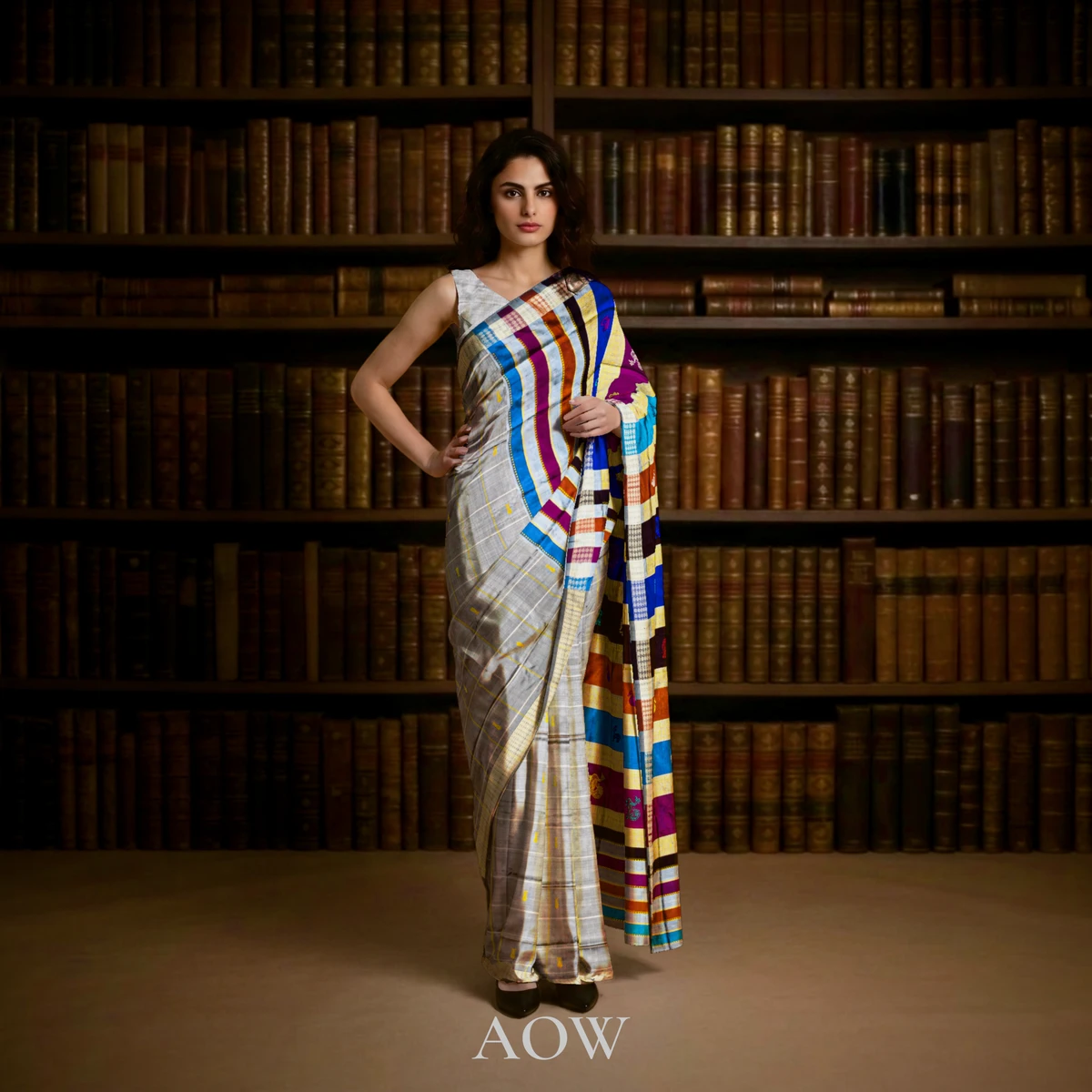 Gray Double Anchal Berhampuri Pure Pata Saree
