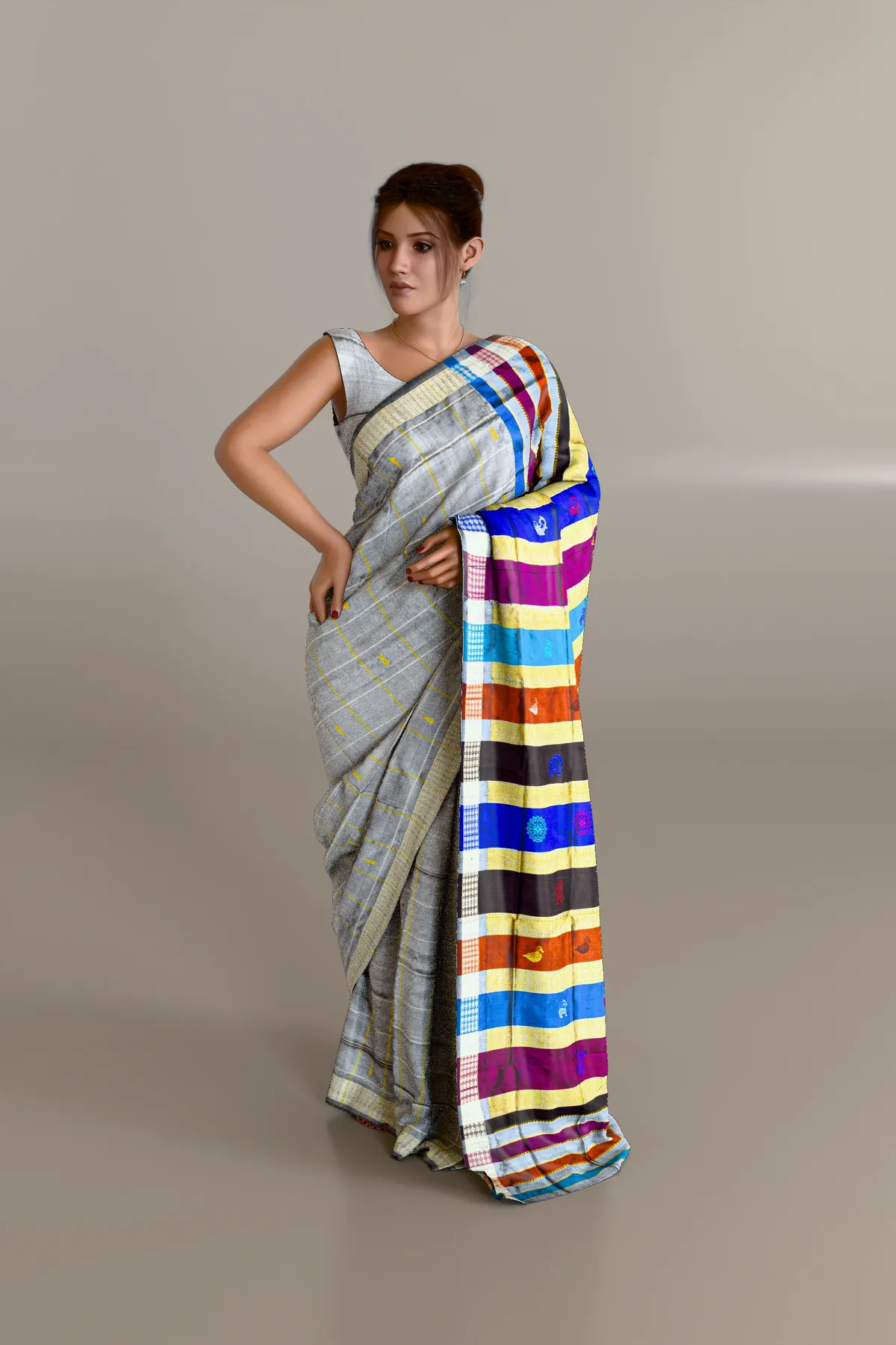 Gray Double Anchal Berhampuri Pure Pata Saree
