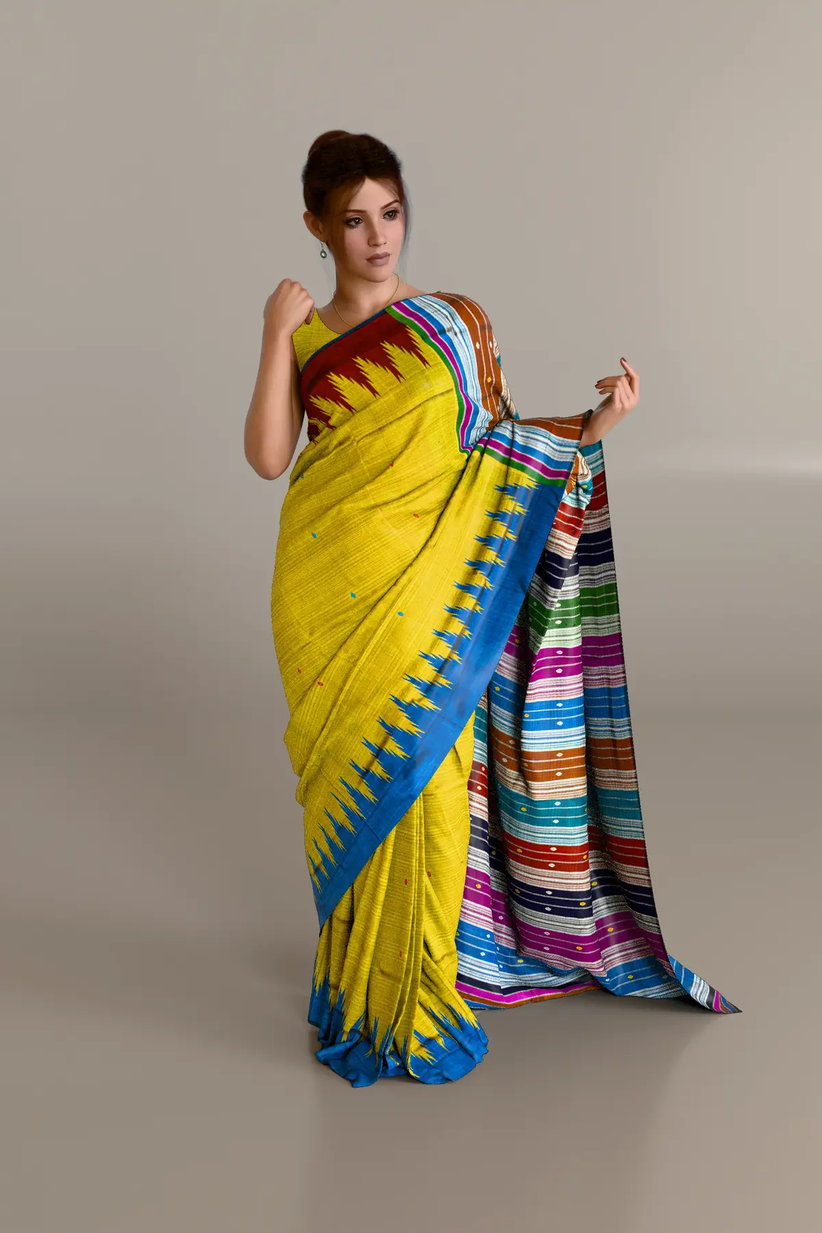Yellow Double Anchal Ganga Jamuna Berhampuri Pure Pata Saree