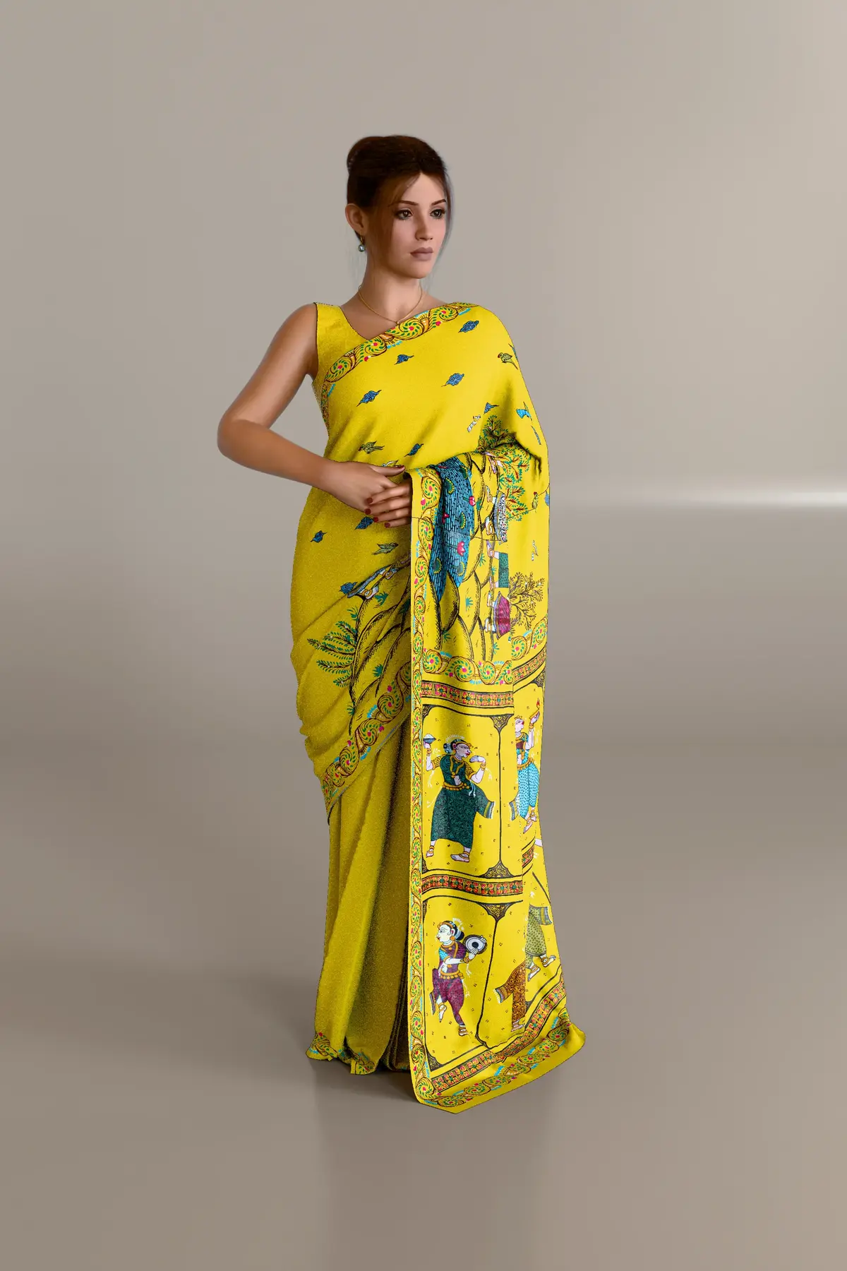 Radha Krishna Gopi Pattachitra on Yellow Tussar Silk Saree