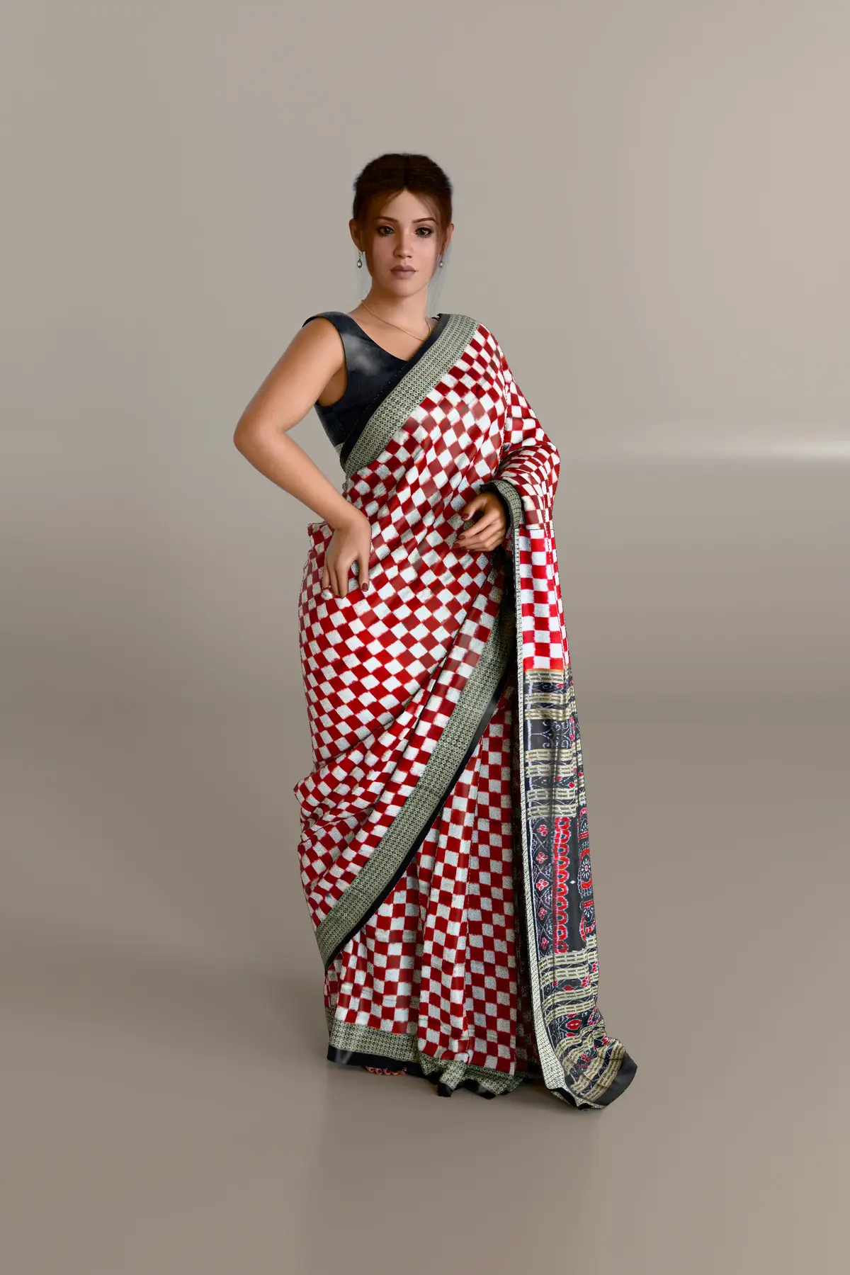 Red White Checkers Sambalpuri Pure Pata Saree