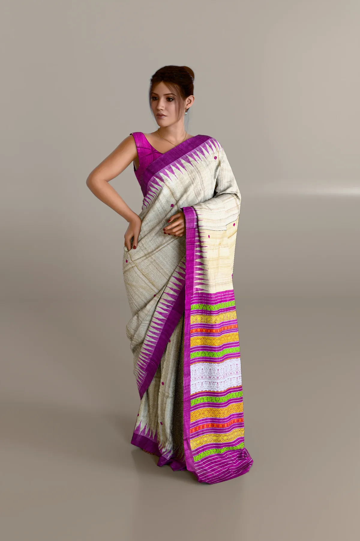 Beige Pink Natural Jala Work Tussar Fine Silk Saree