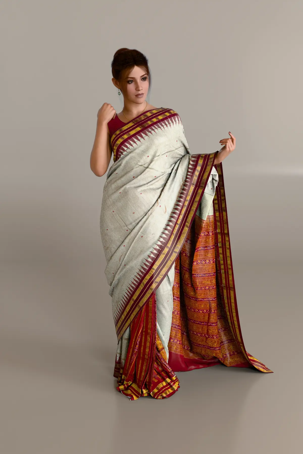 Beige Red Border Half Tissue Sambalpuri Pure Pata Saree