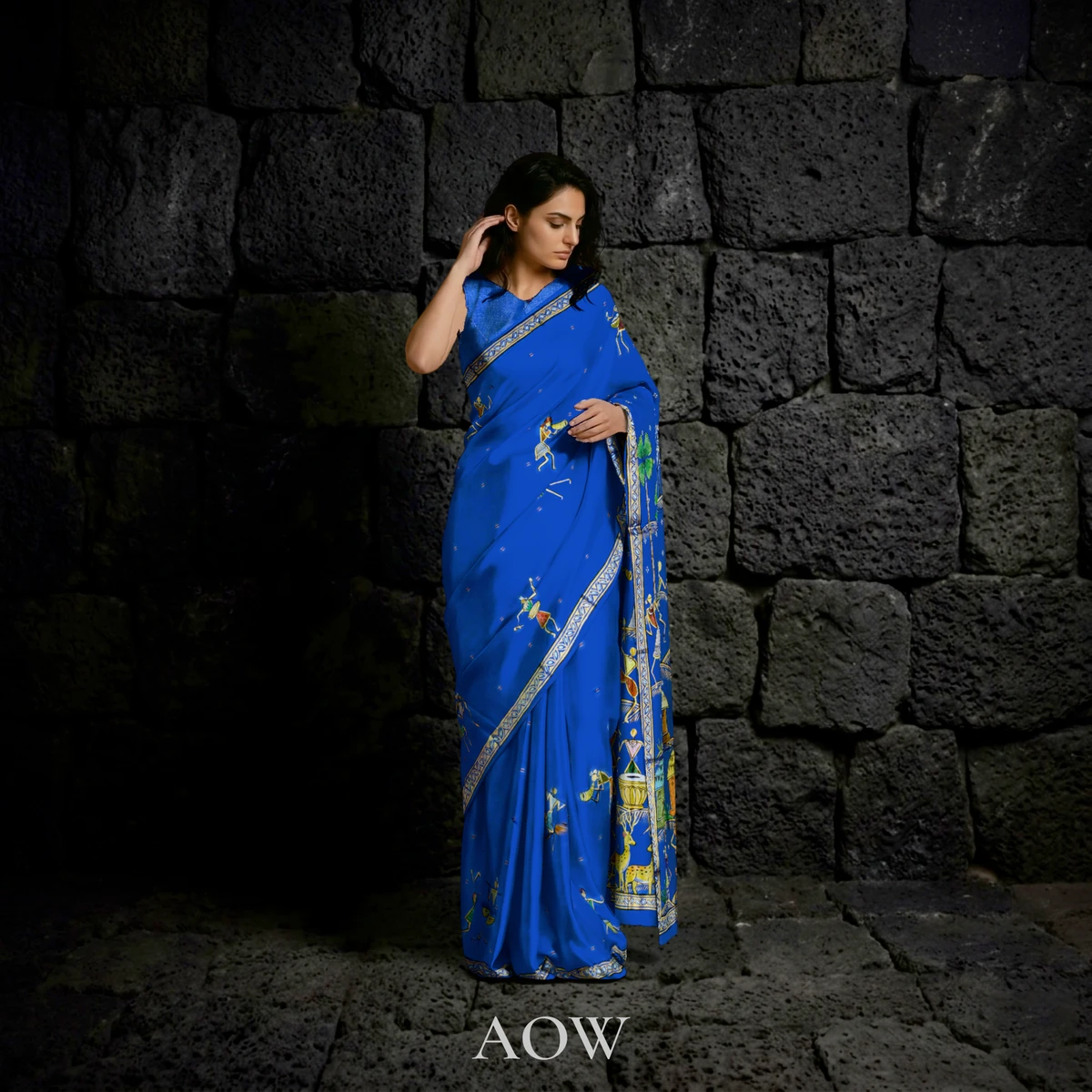 Blue Village Festival Pattachitra Tussar Silk Saree