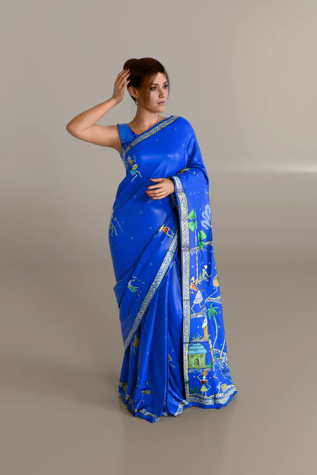 Blue Village Festival Pattachitra Tussar Silk Saree
